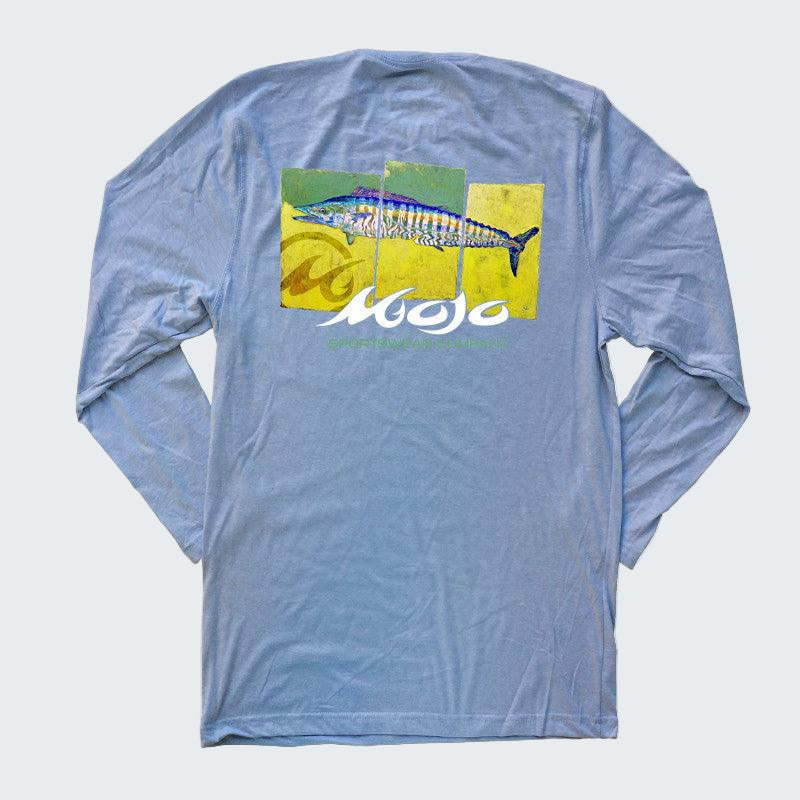 Light blue long-sleeve shirt with a fish graphic and 'Mojo' branding on a white background