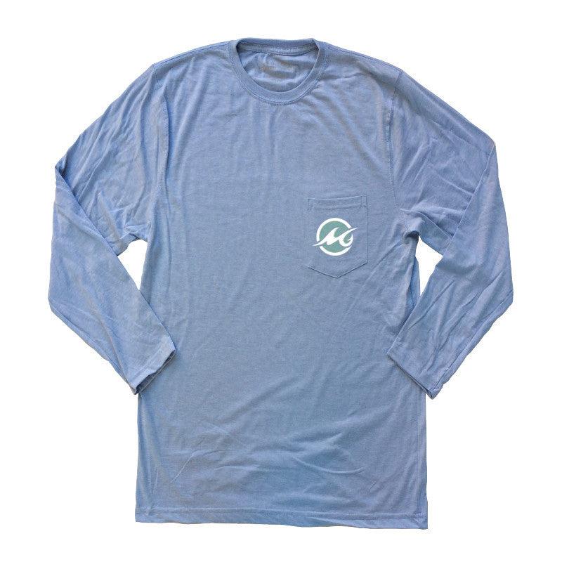 Blue long-sleeve shirt with a logo on a white background