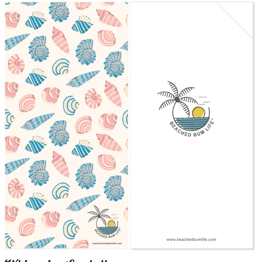 Patterned paper with seashell design and 'Beached Bum Life' logo on a white background