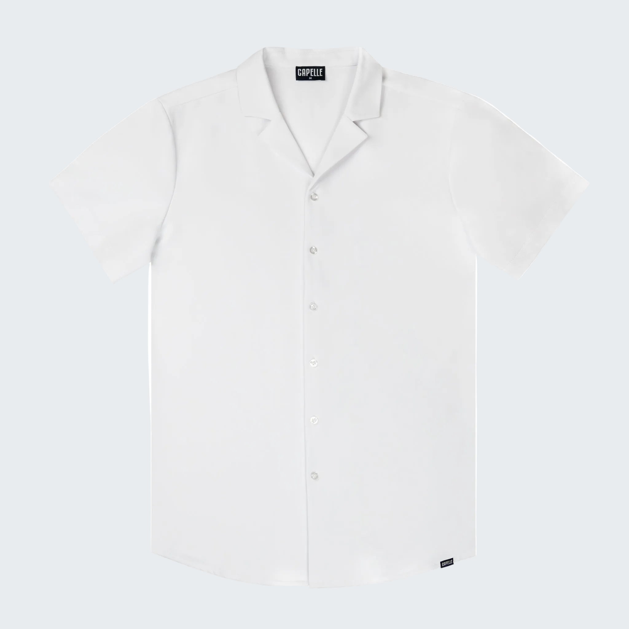 White short-sleeve shirt with open collar on a white background