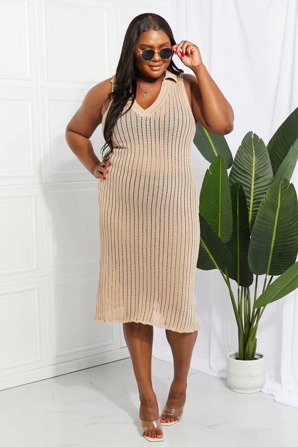 Openwork Johnny Collar Cover Up Dress - Sun of the Beach Boutique