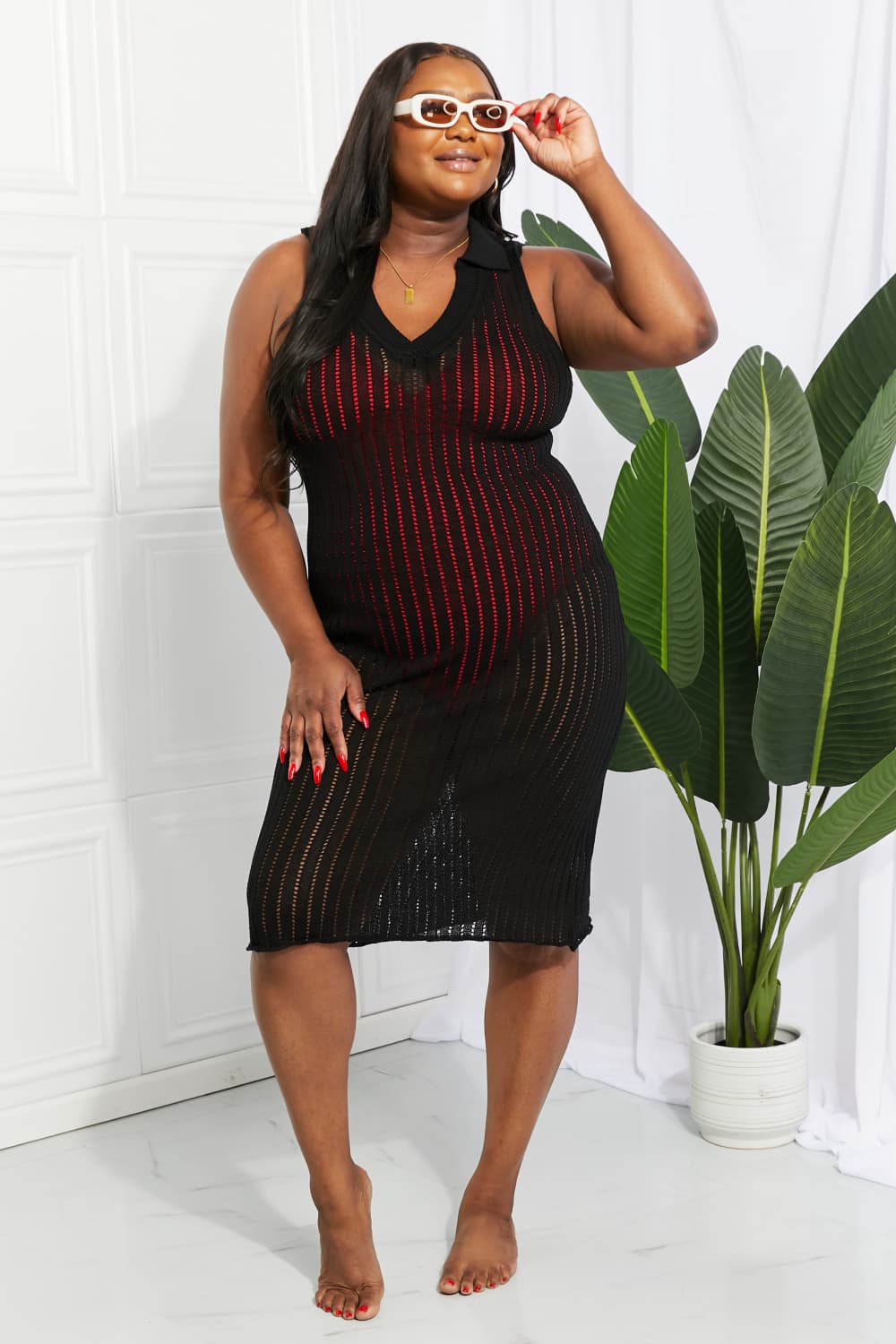 Openwork Johnny Collar Cover Up Dress - Sun of the Beach Boutique