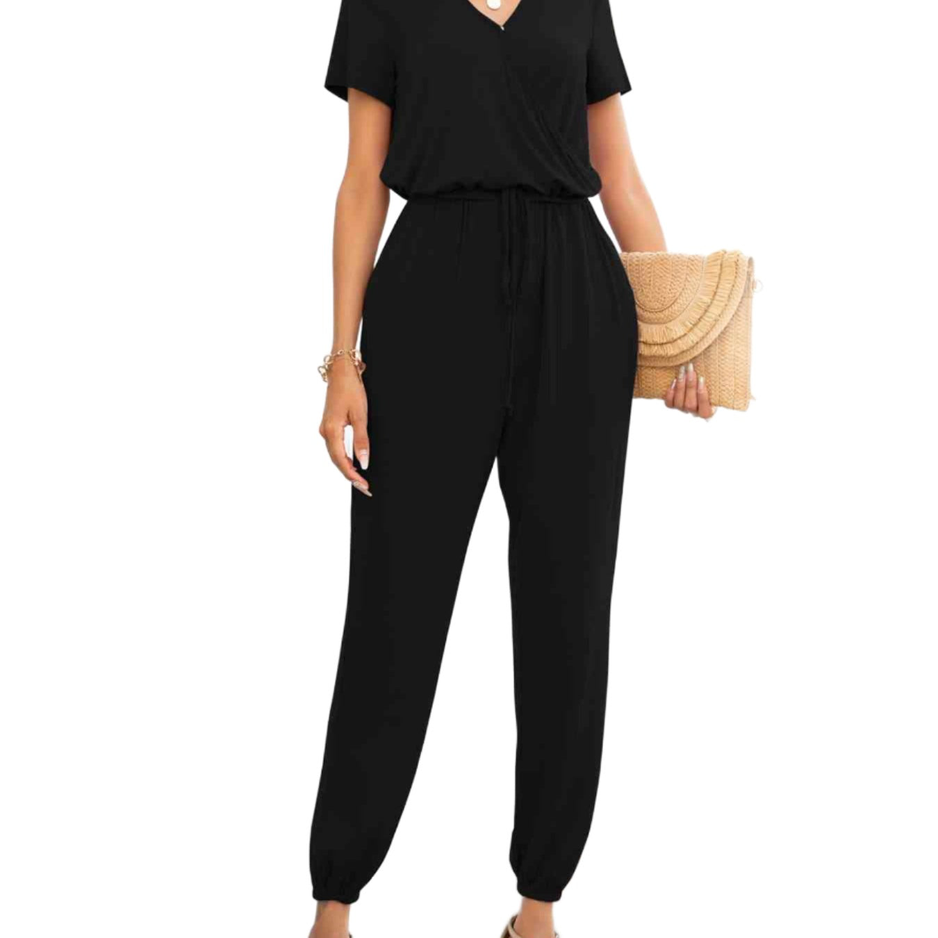 Short Sleeve V-Neck Jumpsuit with Pockets