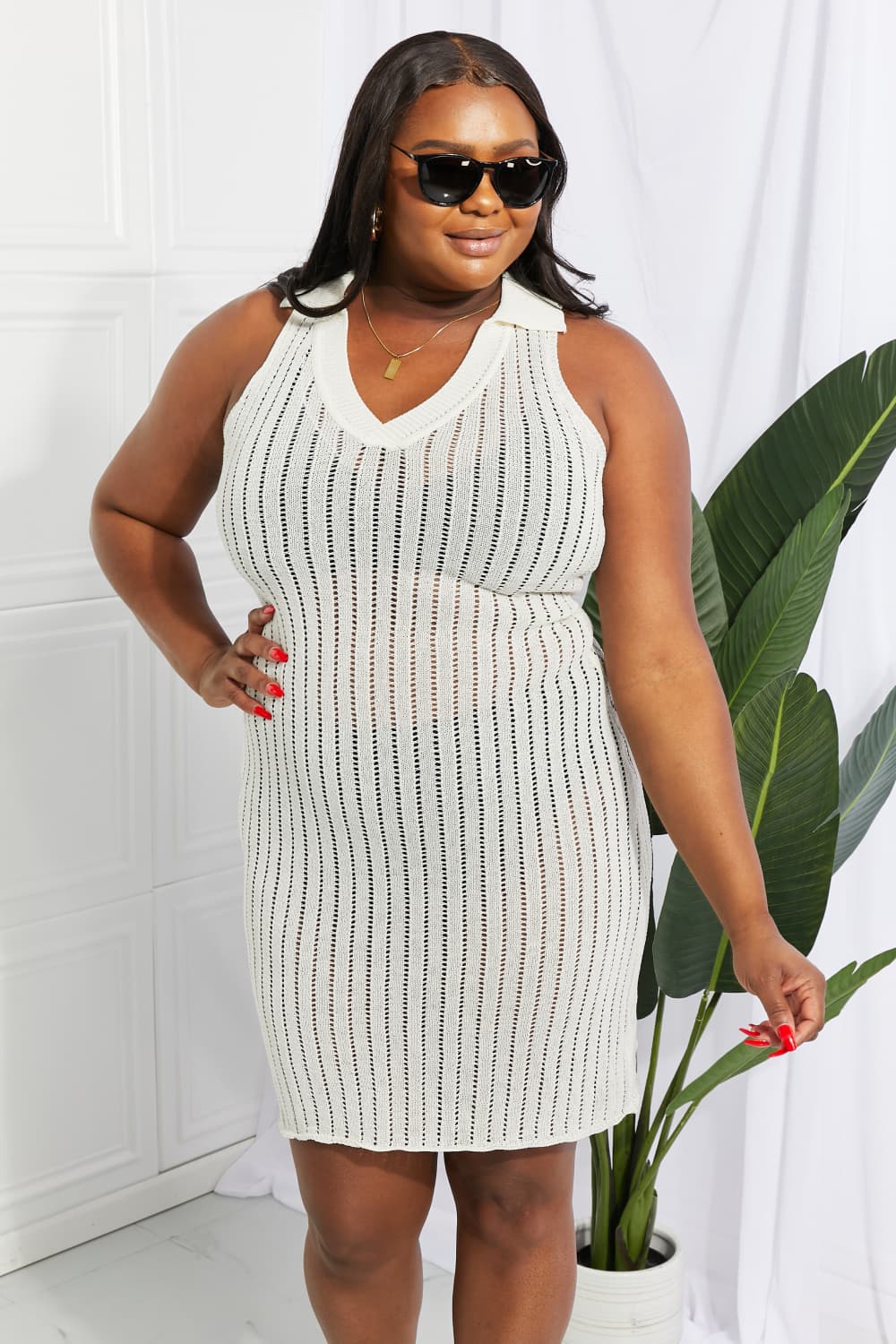 Openwork Johnny Collar Cover Up Dress - Sun of the Beach Boutique