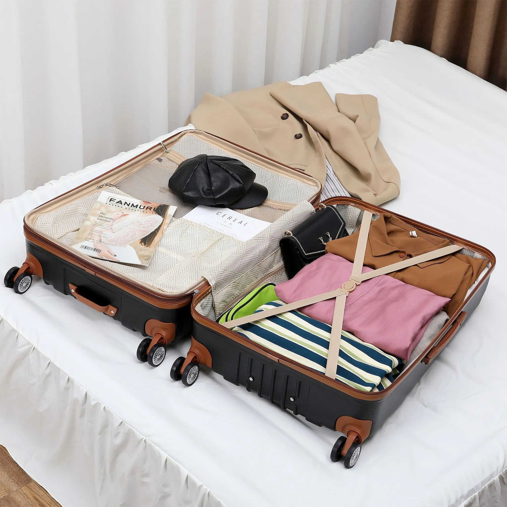 Open suitcase on a bed with clothes and items inside