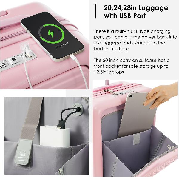 Pink Luggage Set of Three with USB Port with Open Front