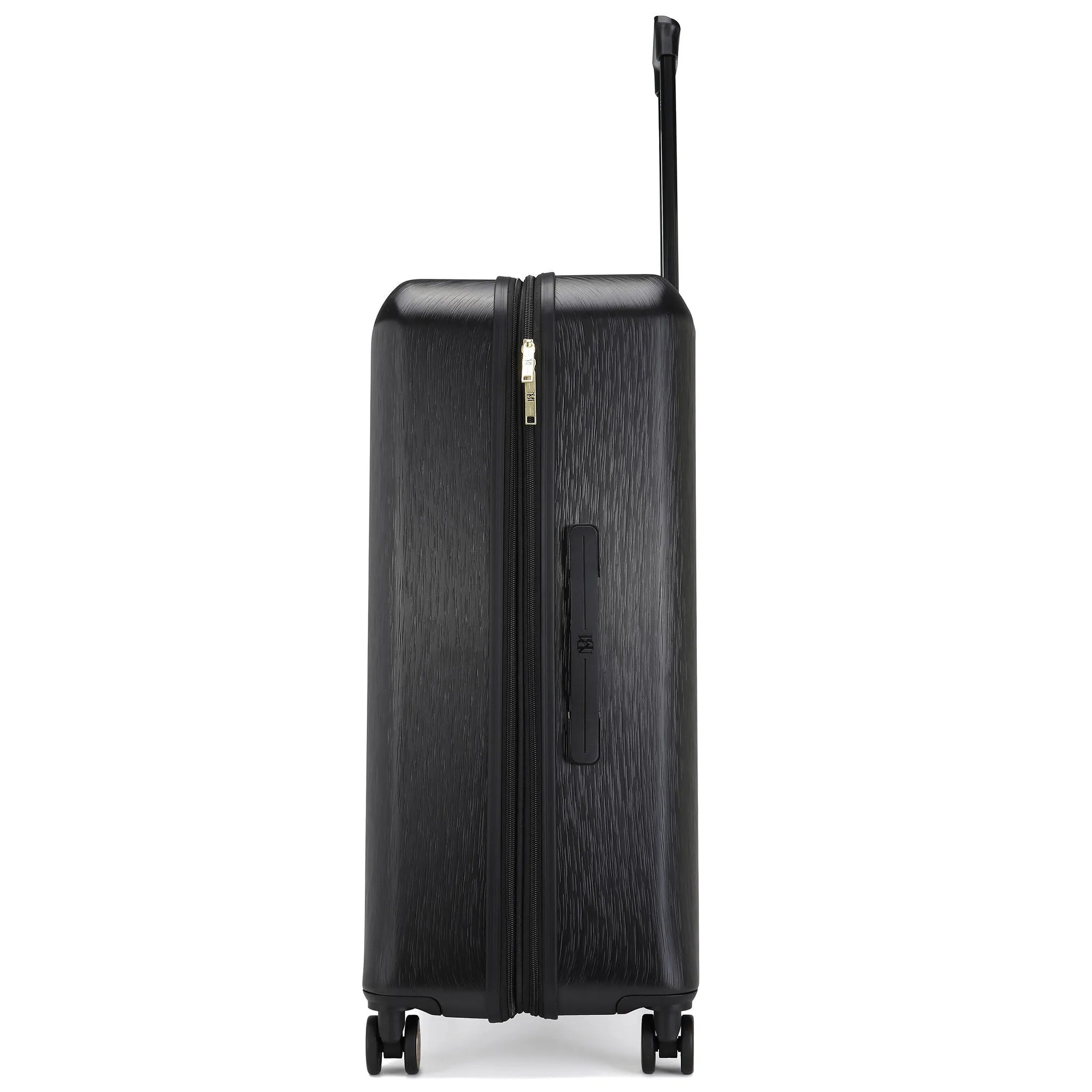 Black suitcase with a textured finish on a white background