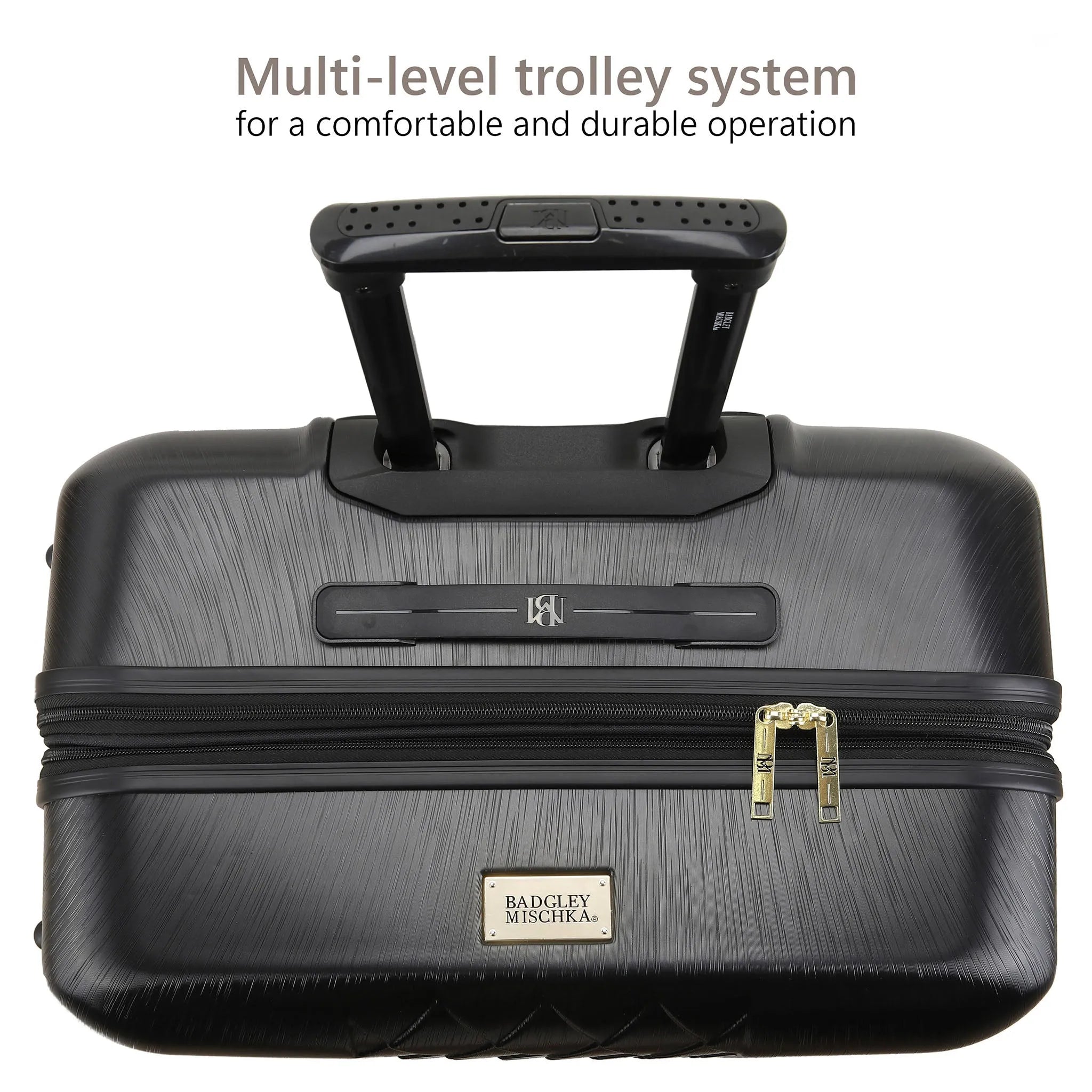 Black trolley case with handle and visible brand logo on a white background