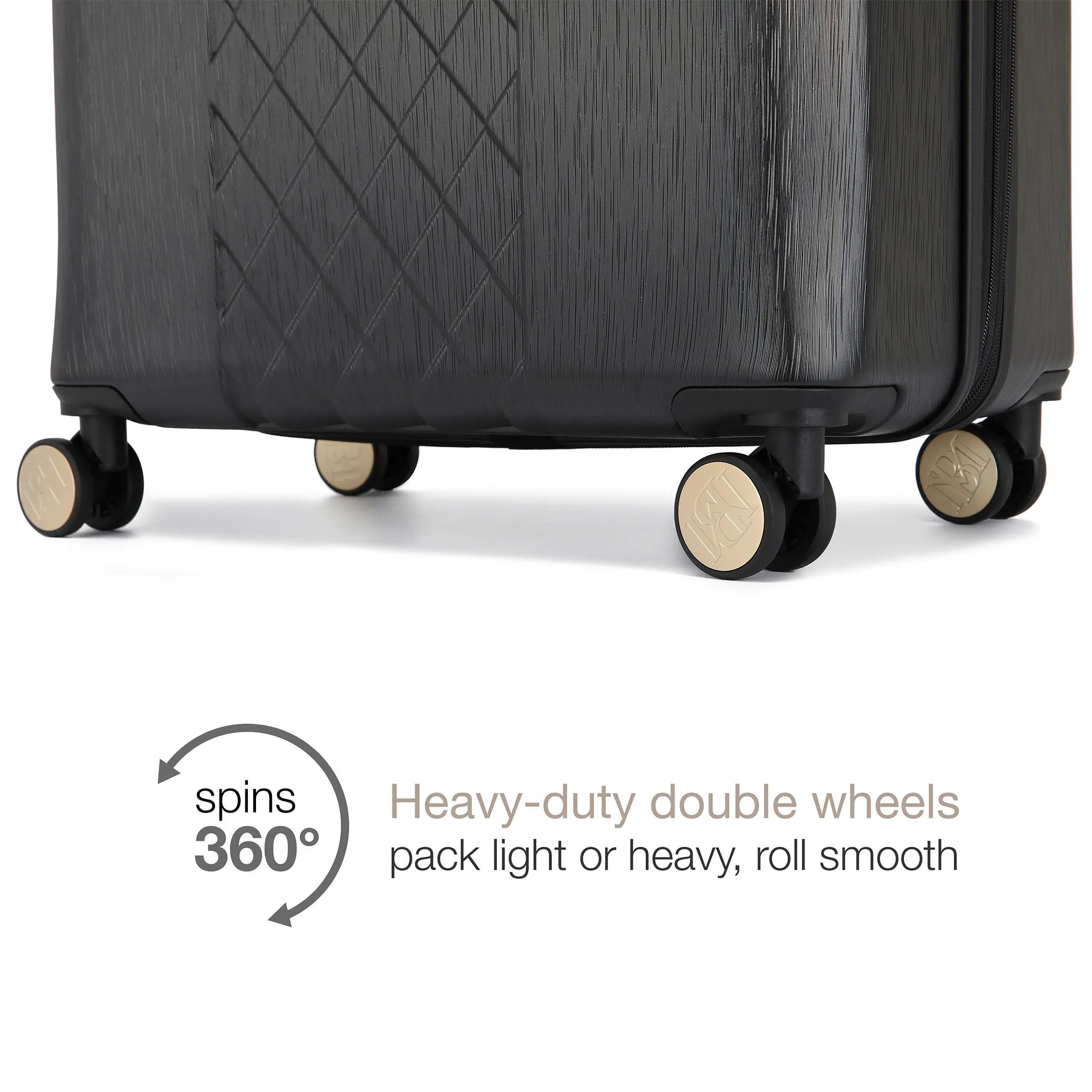 Black suitcase with wheels on a white background, highlighting the feature of heavy-duty double wheels.