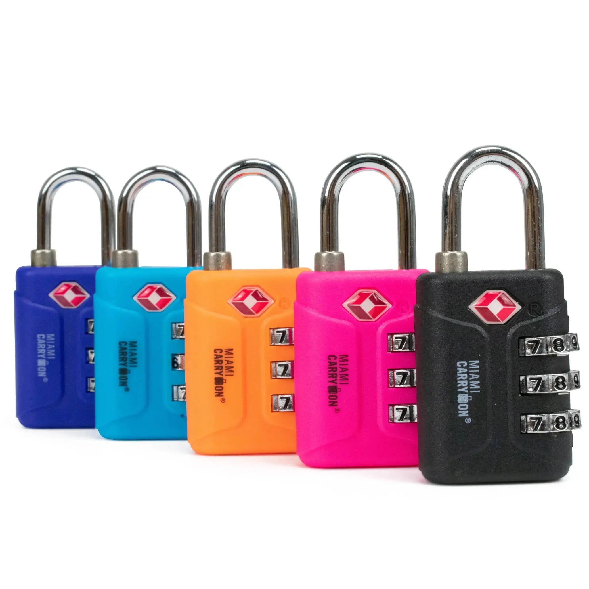 Set of five colorful combination locks on a white background