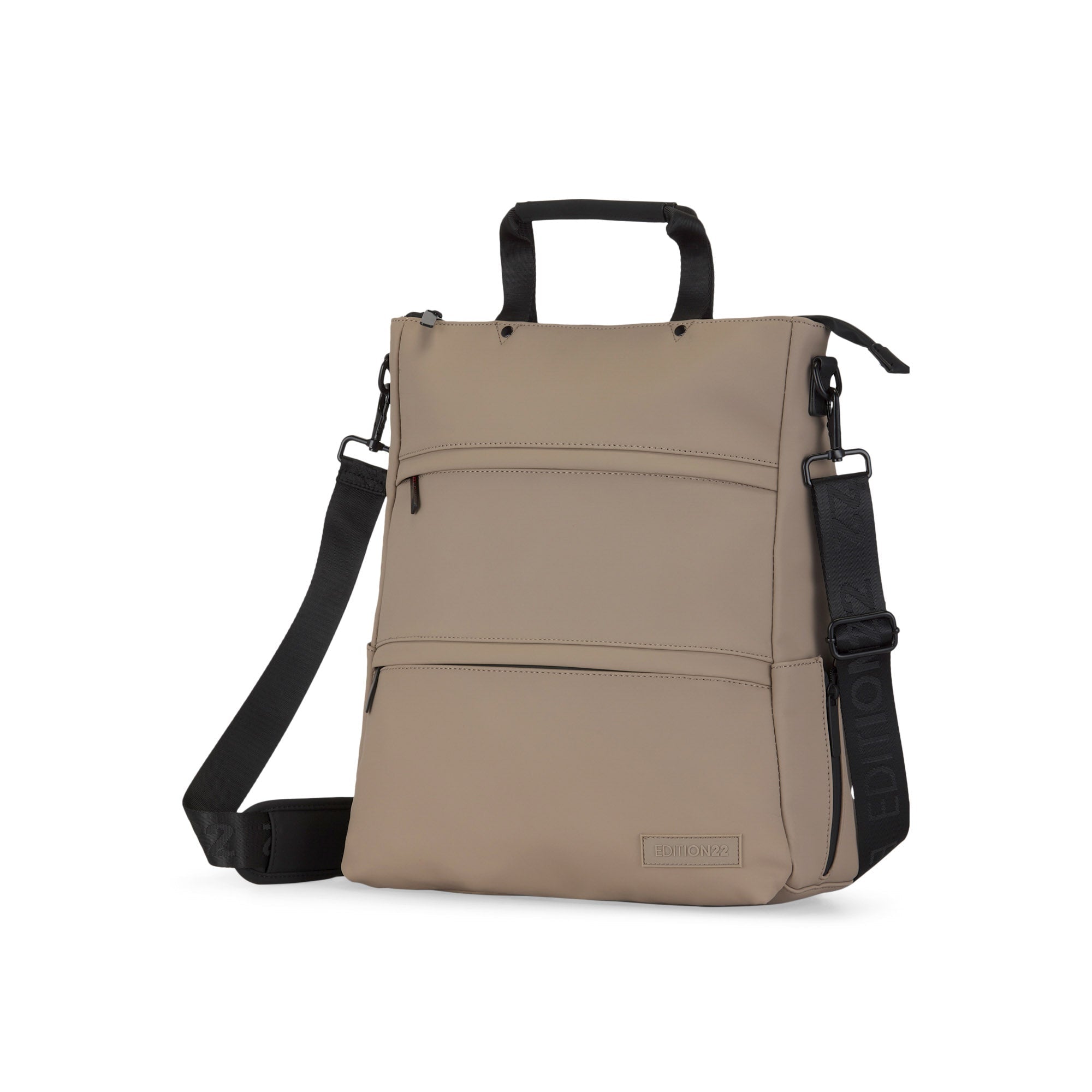 Beige shoulder bag with black straps on a white background