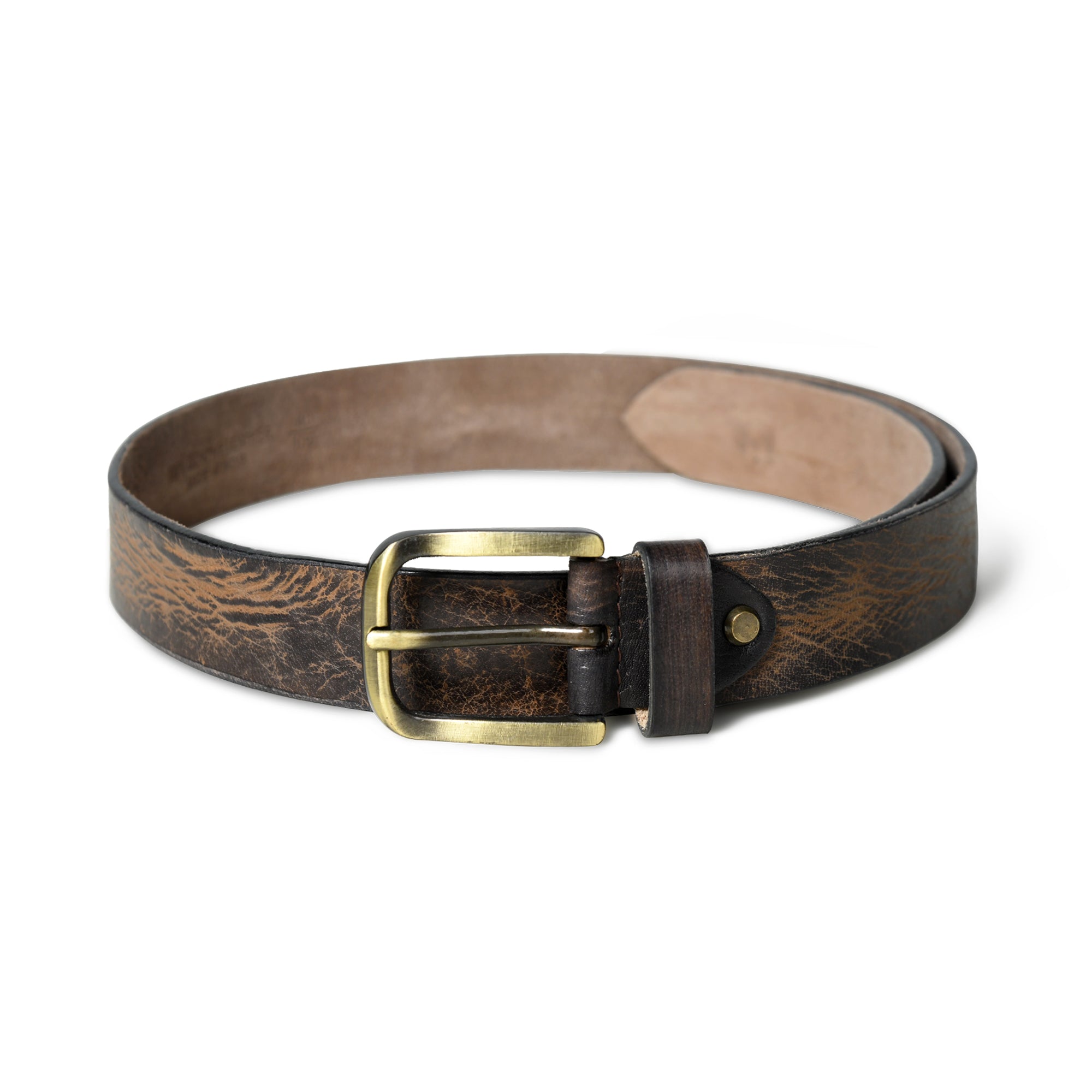 Brown leather belt with brass buckle on a white background