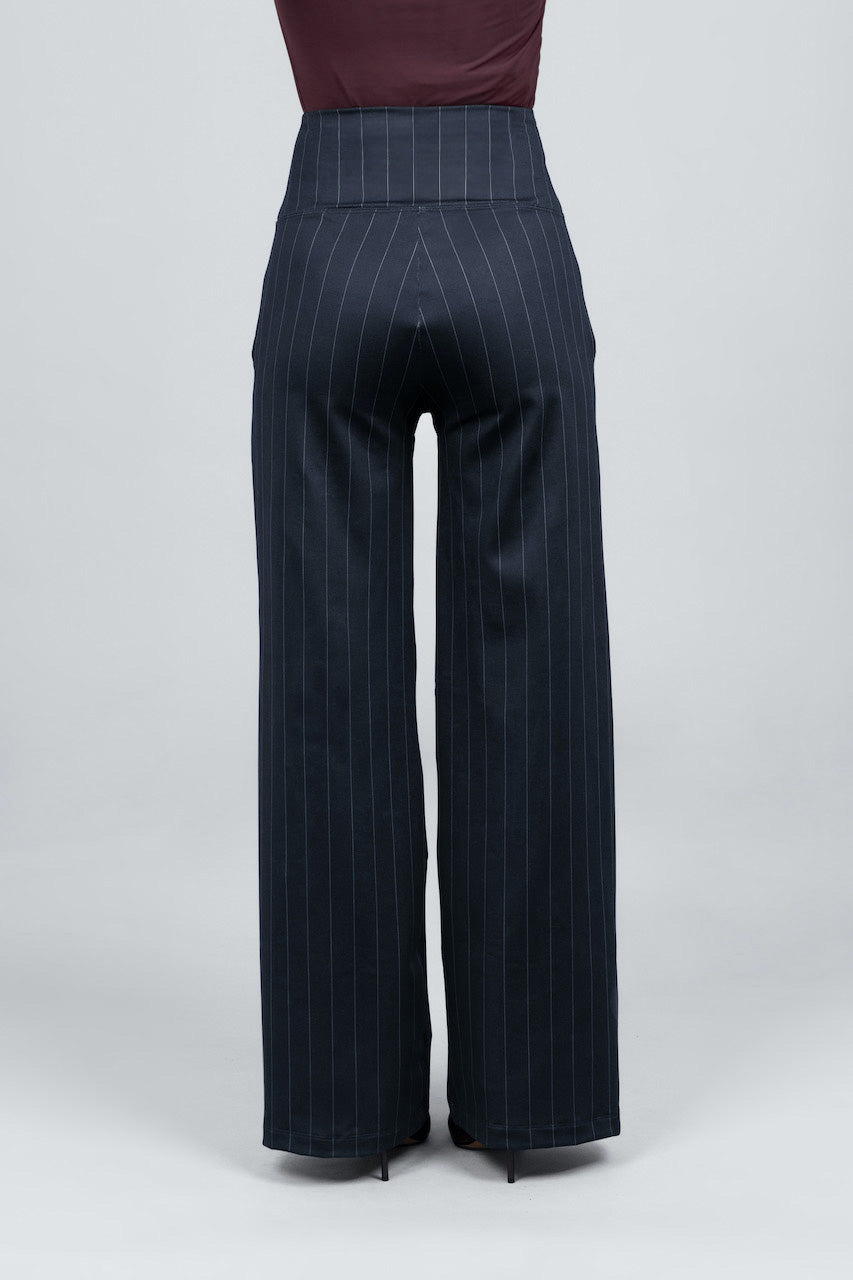 Black pinstripe pants on a white background