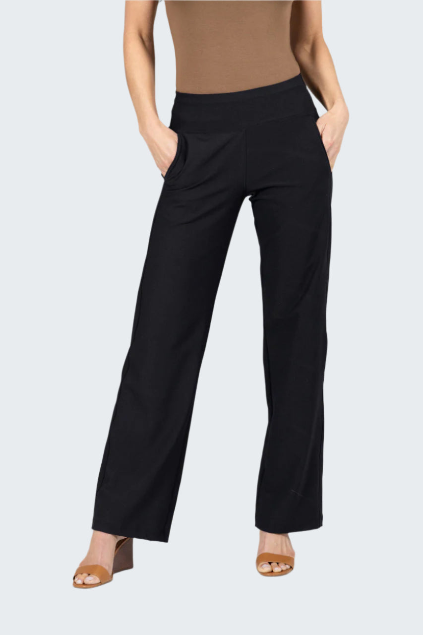Black wide-leg pants worn by a person on a gray background