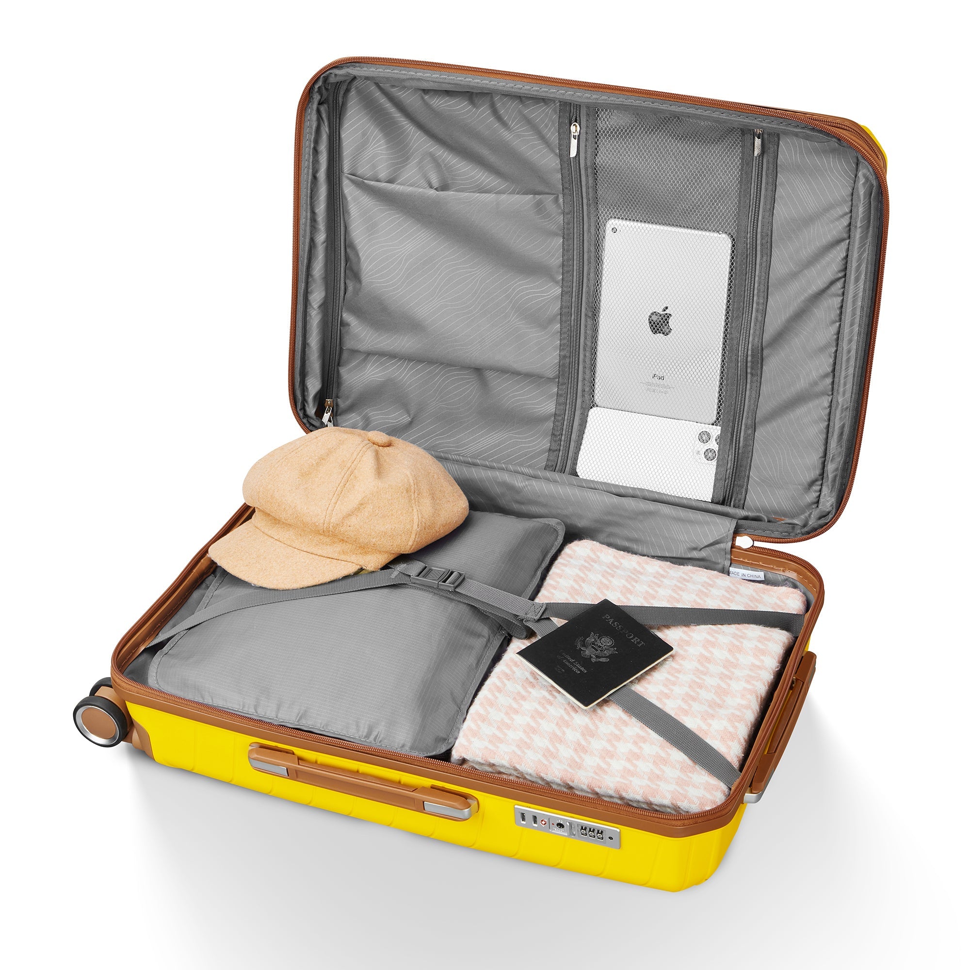 Four Piece Yellow Expandable Lightweight Suitcase with Four Double 360 Degrees Mute Spinner Wheels