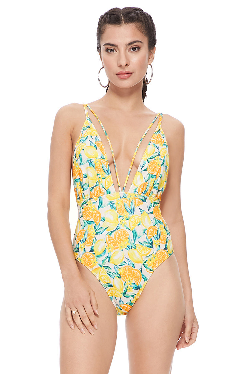 Beach Joy Bikini - Textured Lemon Print V Front One Piece