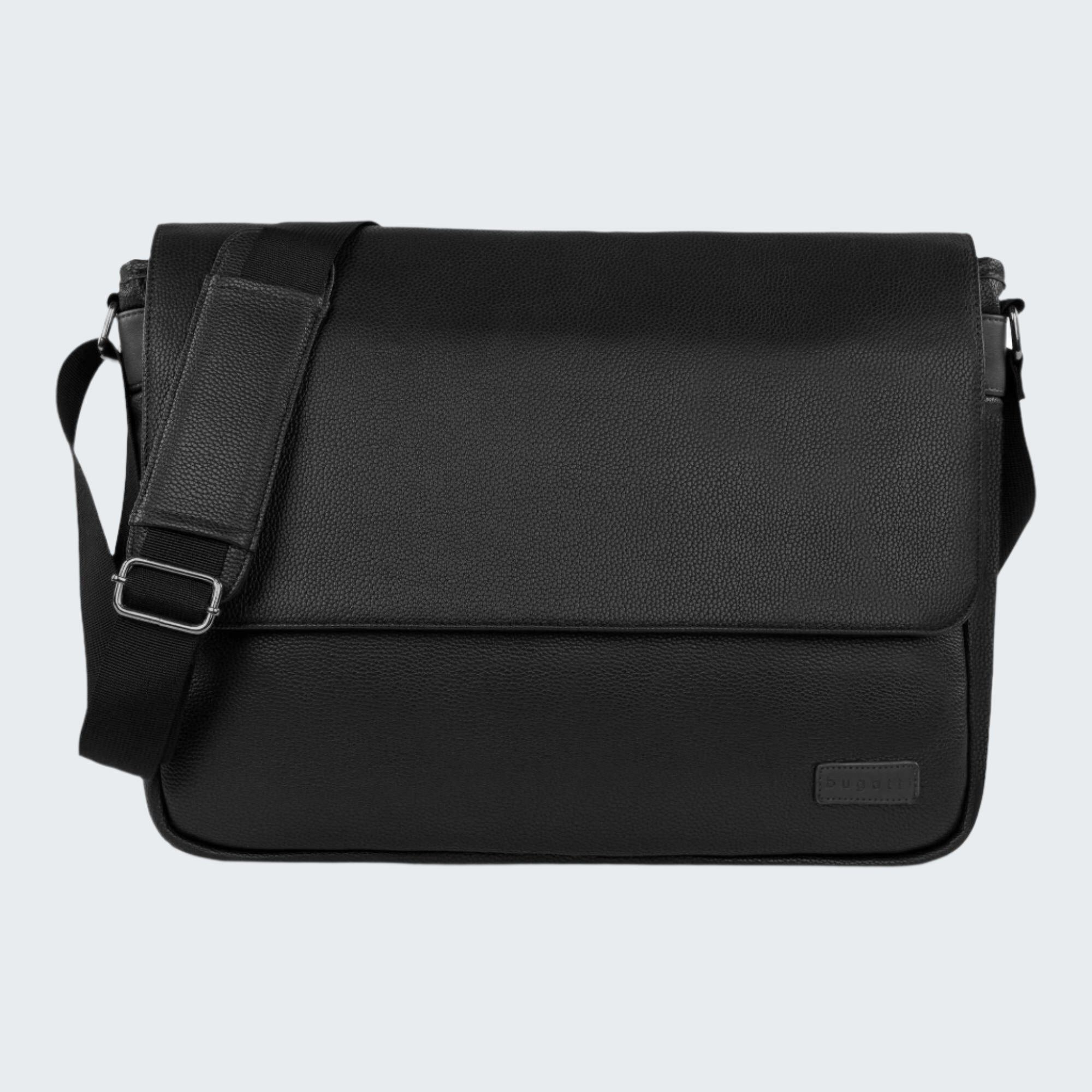 Black leather messenger bag on a white background