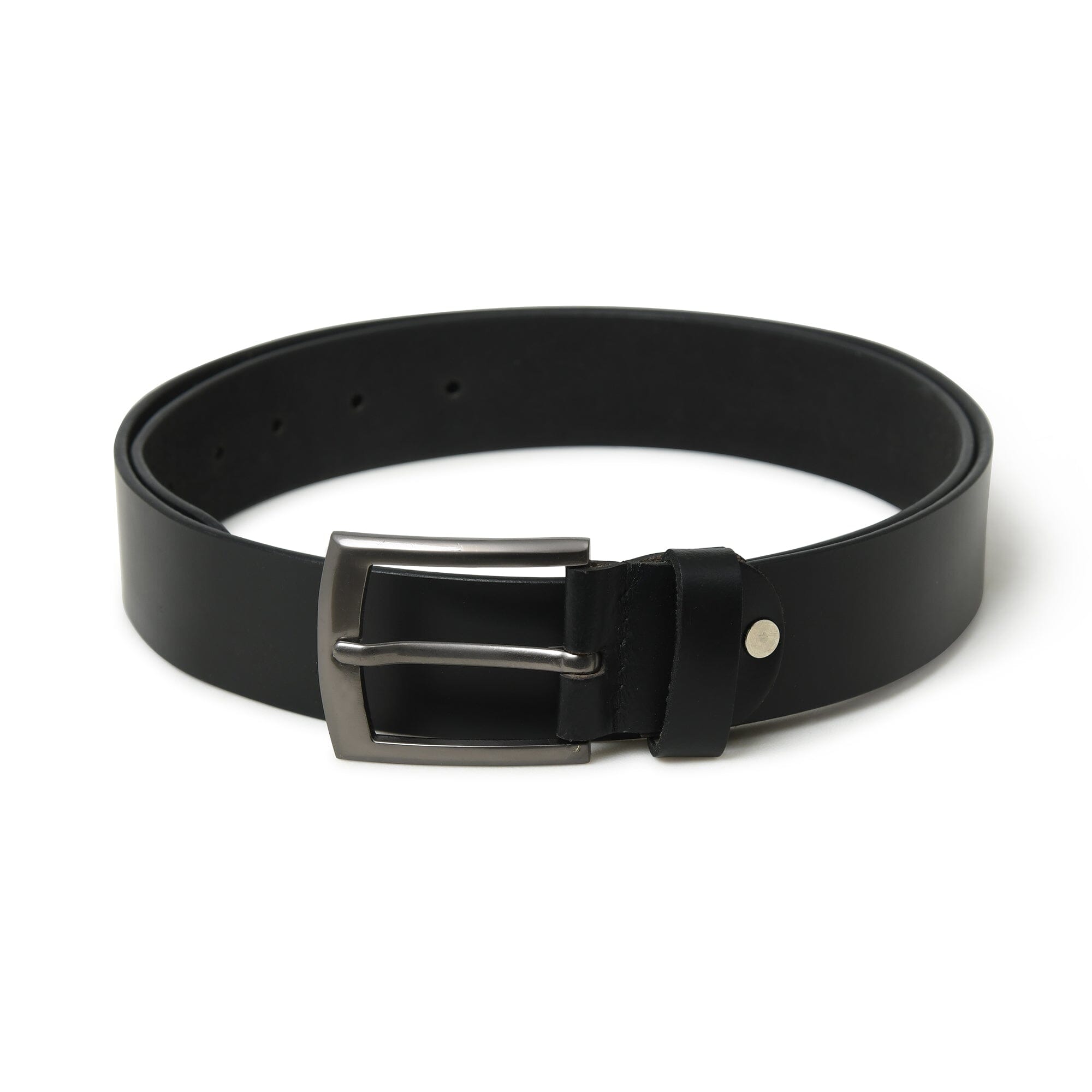 Black belt with a silver buckle on a white background