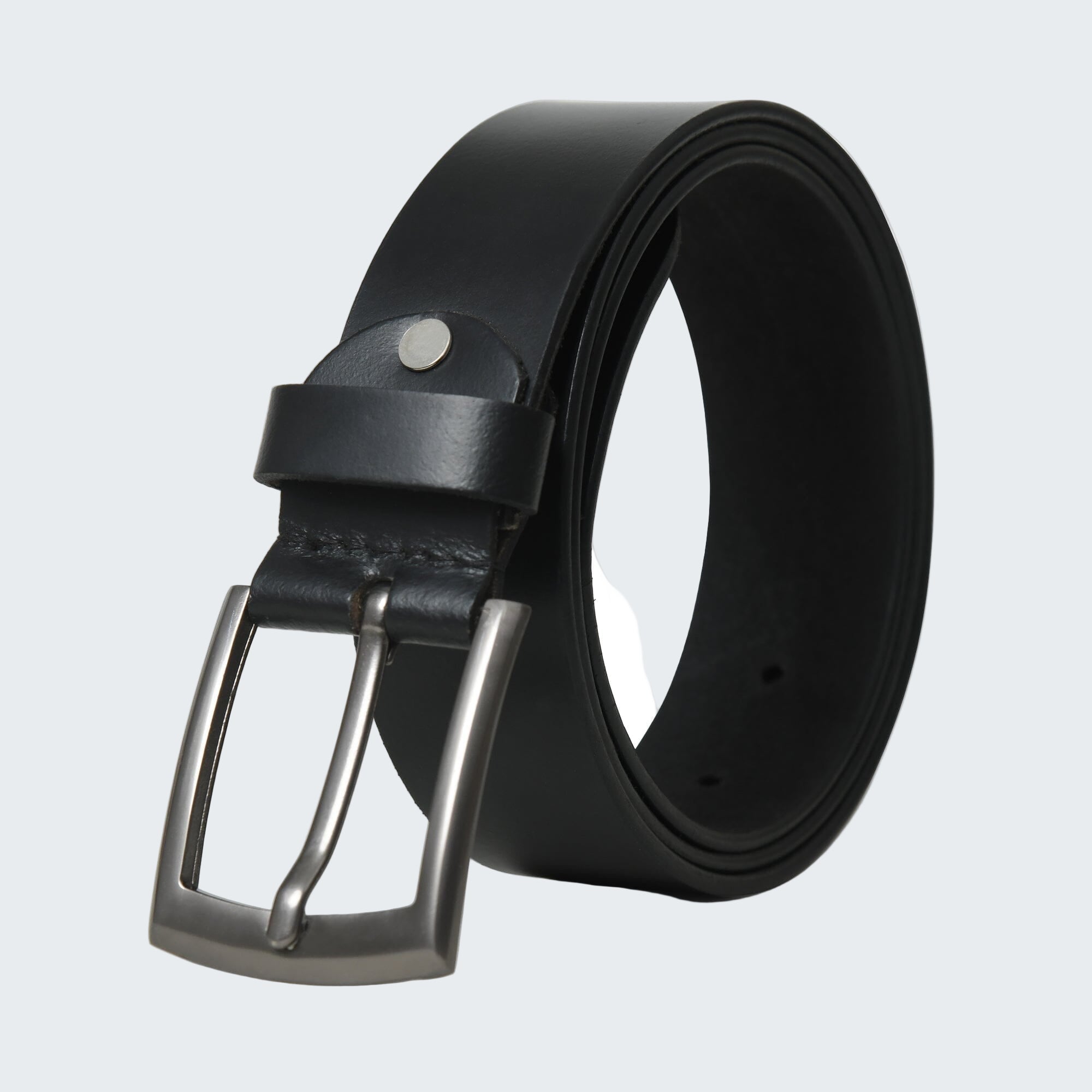 Black leather belt with silver buckle on a white background