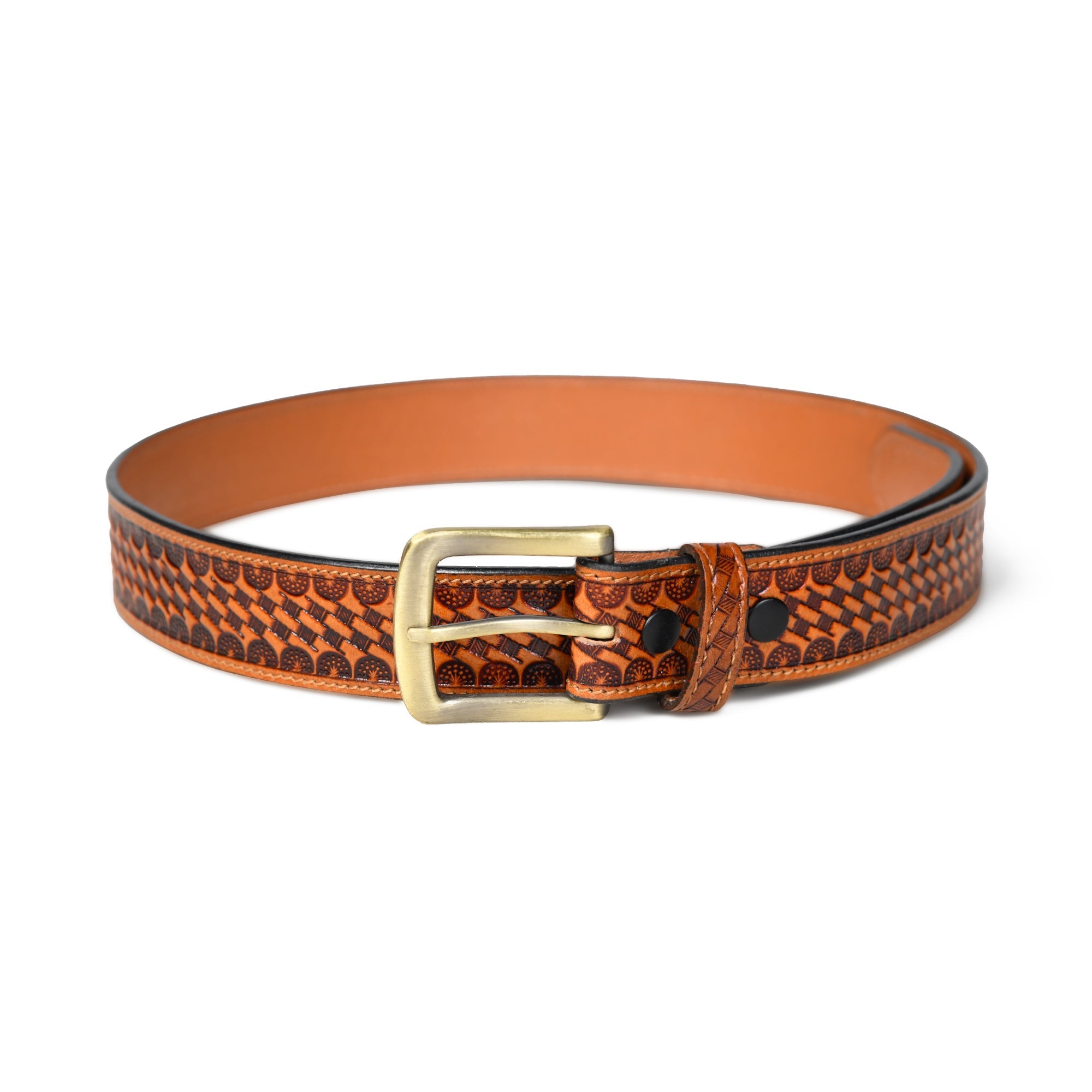 Brown leather belt with a gold buckle on a white background