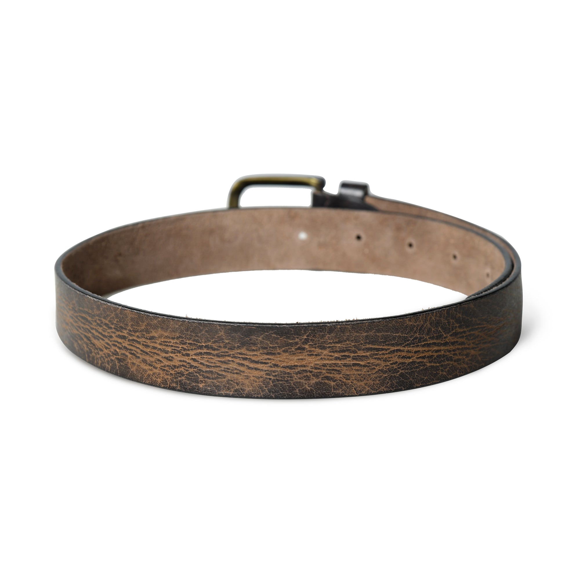 Brown leather belt with brass buckle on a white background