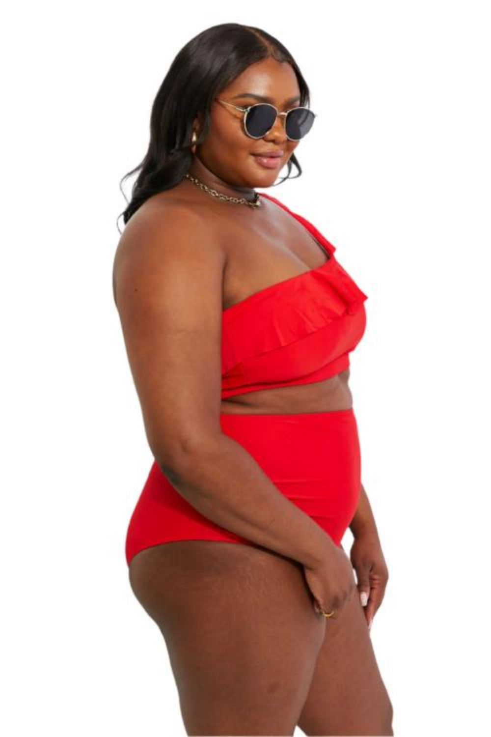 Marina West Swim Seaside Romance Ruffle One-Shoulder Bikini in Red