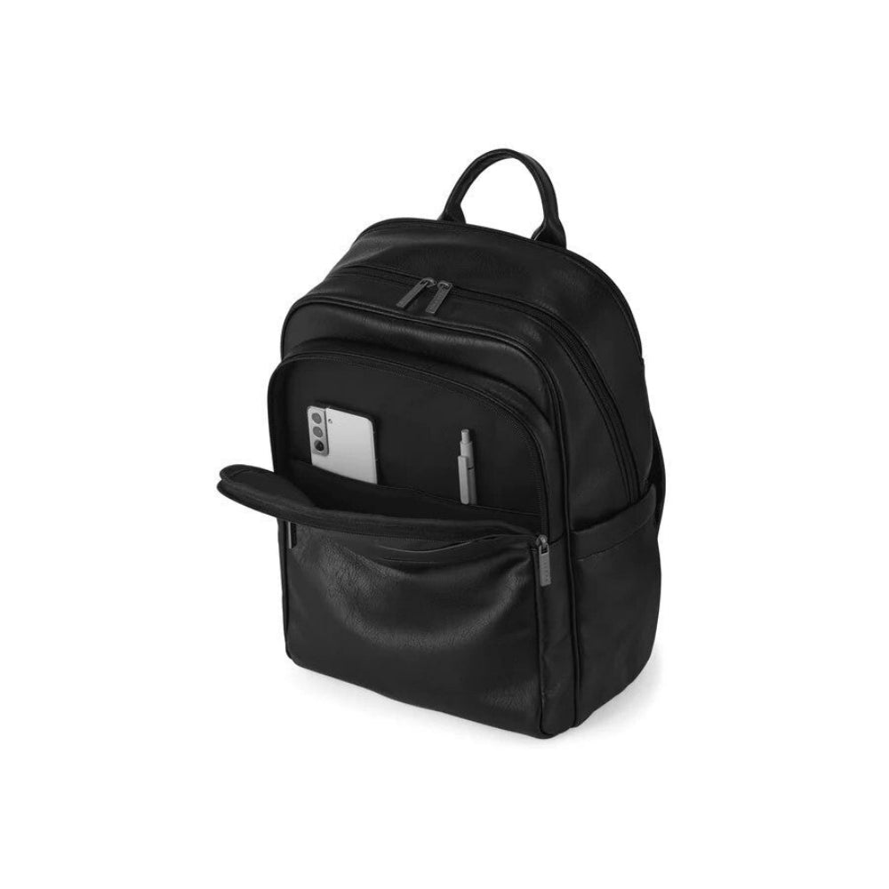 Black backpack with a front pocket on a white background