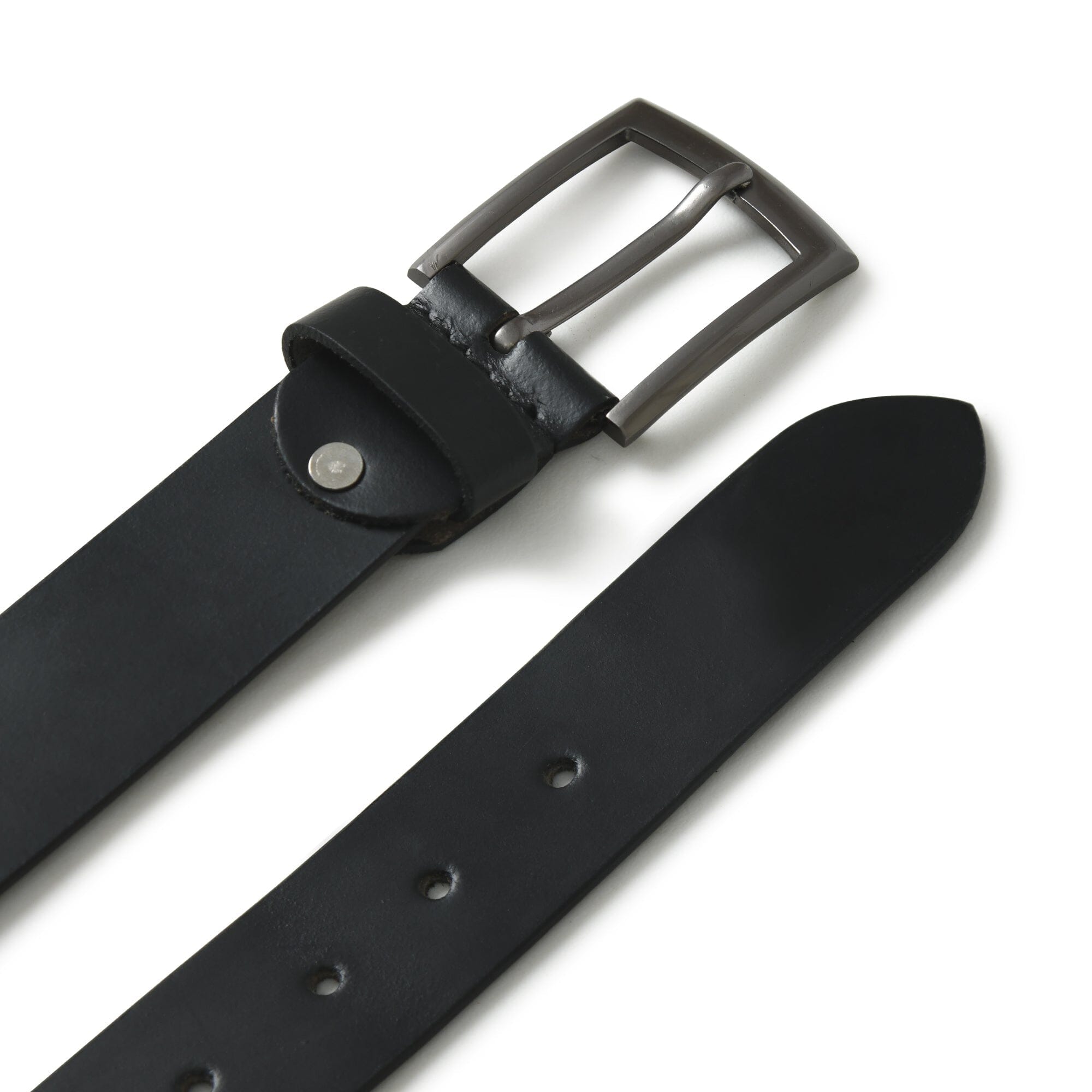 Black leather belt with a silver buckle on a white background