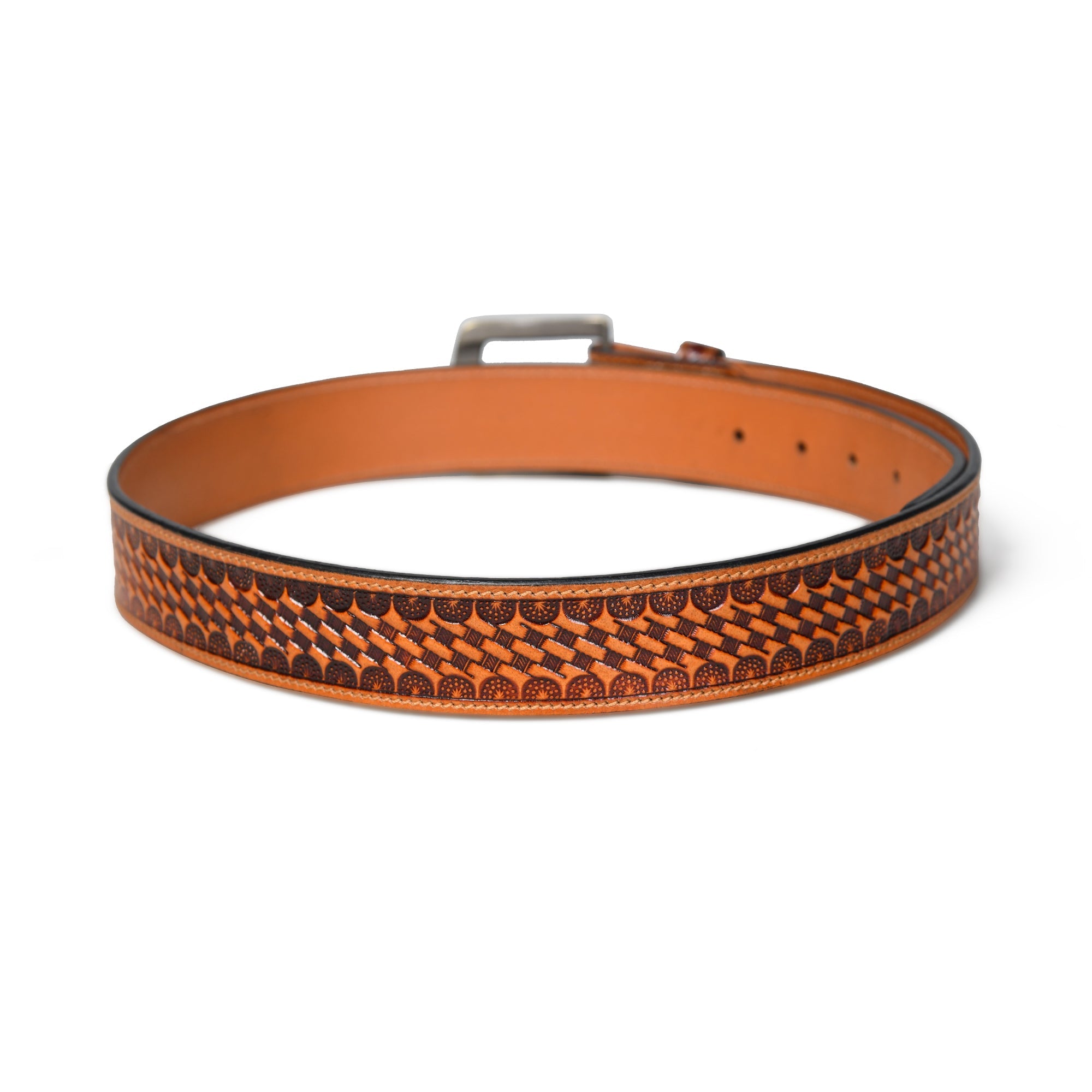 Brown leather belt with a patterned strap on a white background