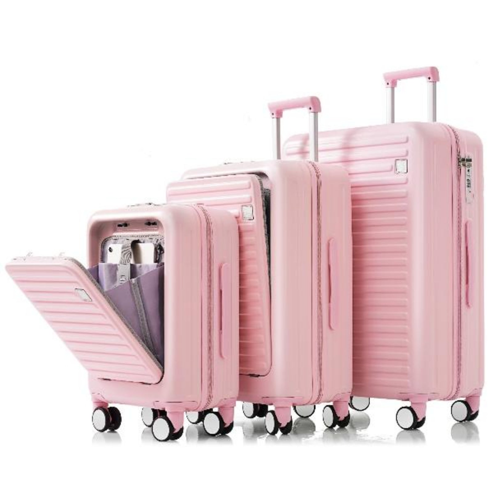 Pink Luggage Set of Three with USB Port with Open Front