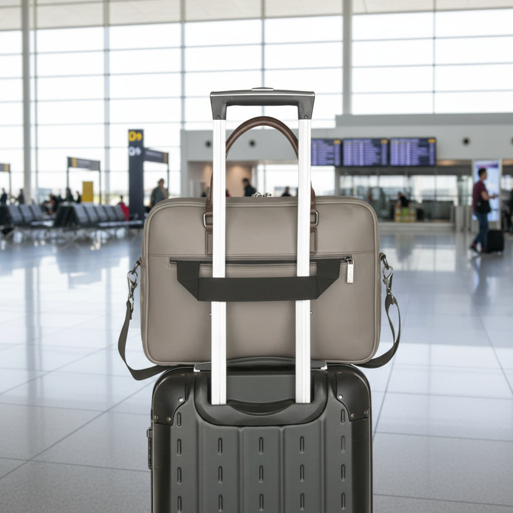 Gray suitcase with a black interior and handle extended on a white background