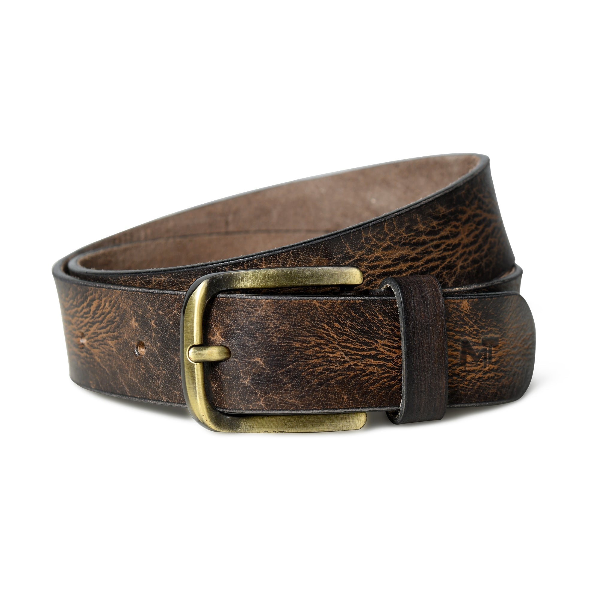 Brown leather belt with brass buckle on a white background