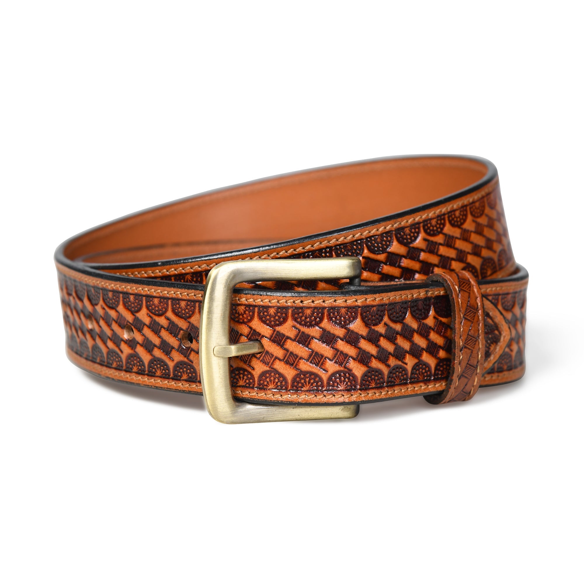 Brown leather belt with intricate pattern and brass buckle on a white background