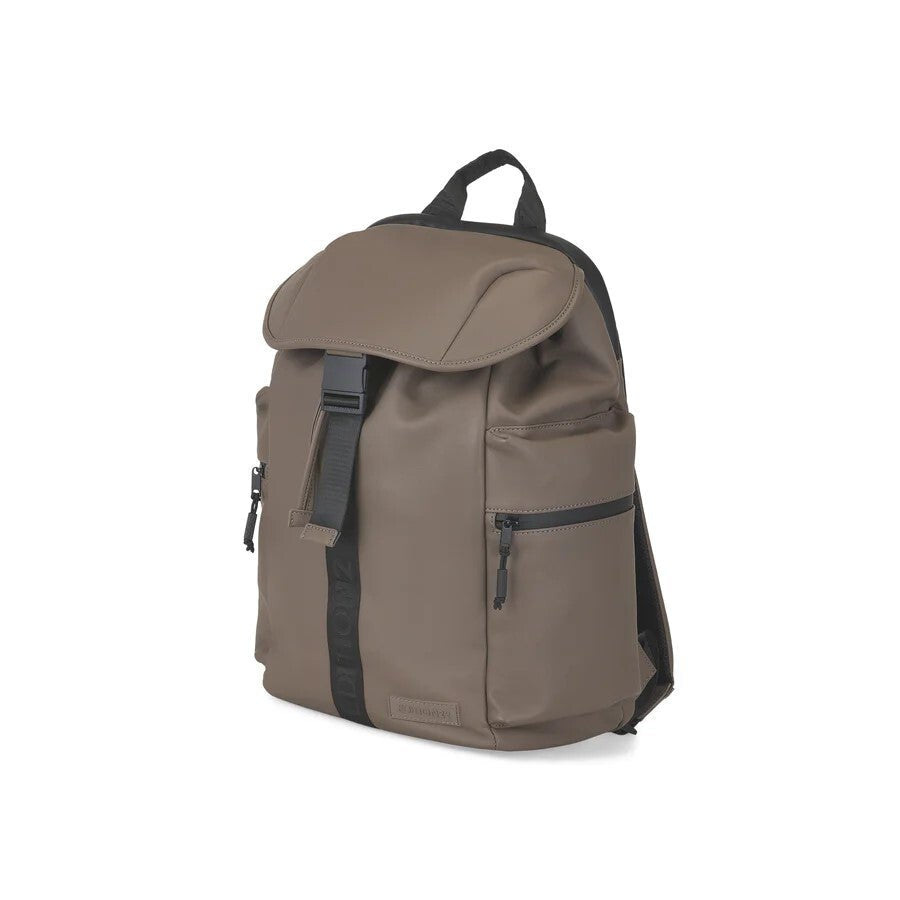 Brown backpack with black straps on a white background