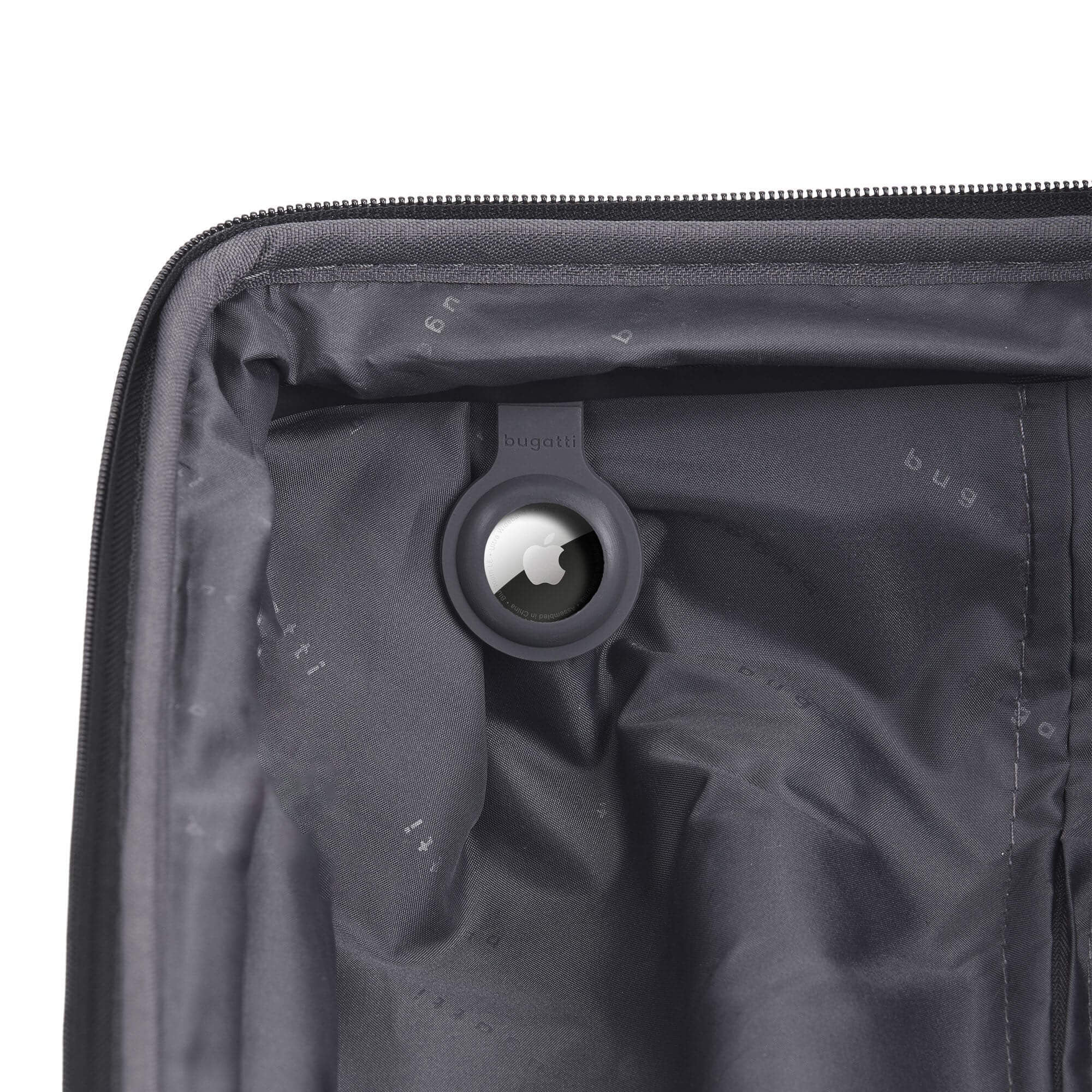 Close-up of a black suitcase with a brand logo on a white background