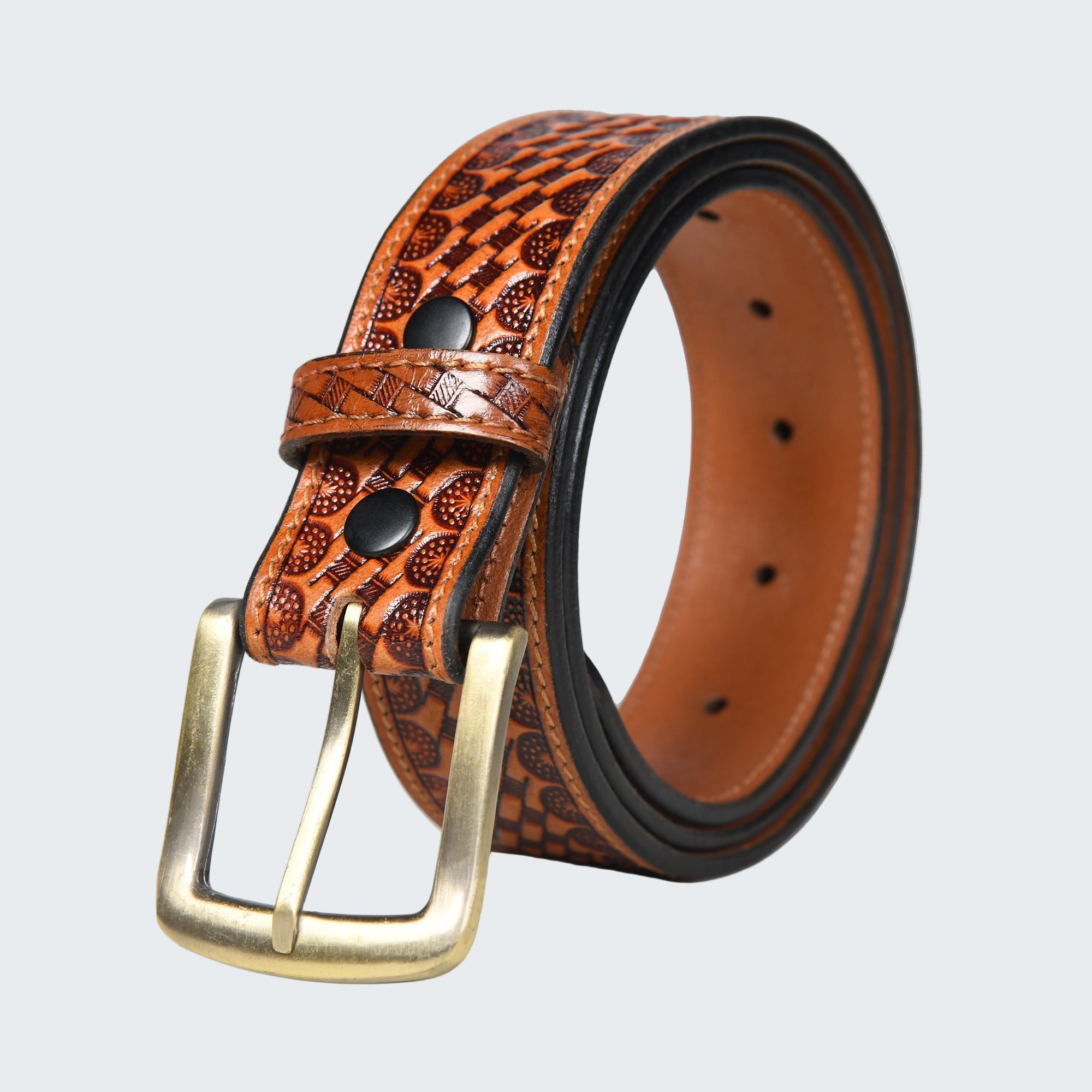 Brown leather belt with a gold buckle on a white background