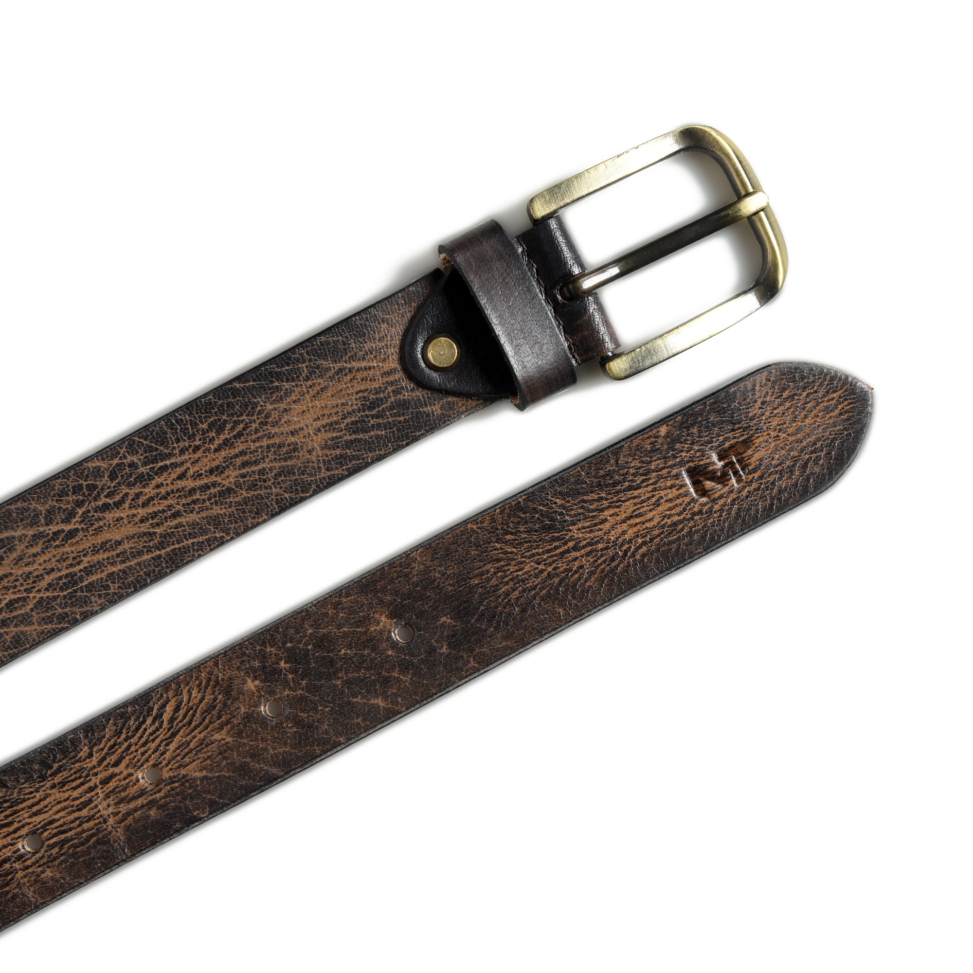 Brown leather belt with brass buckle on a white background