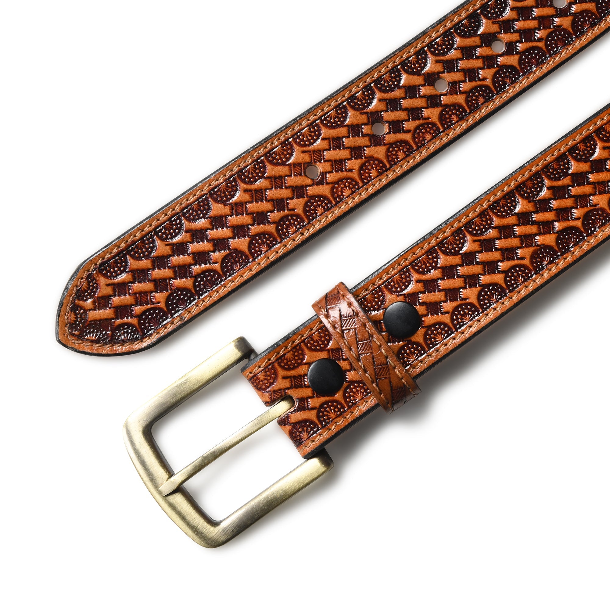 Brown leather belt with woven pattern and brass buckle on a white background