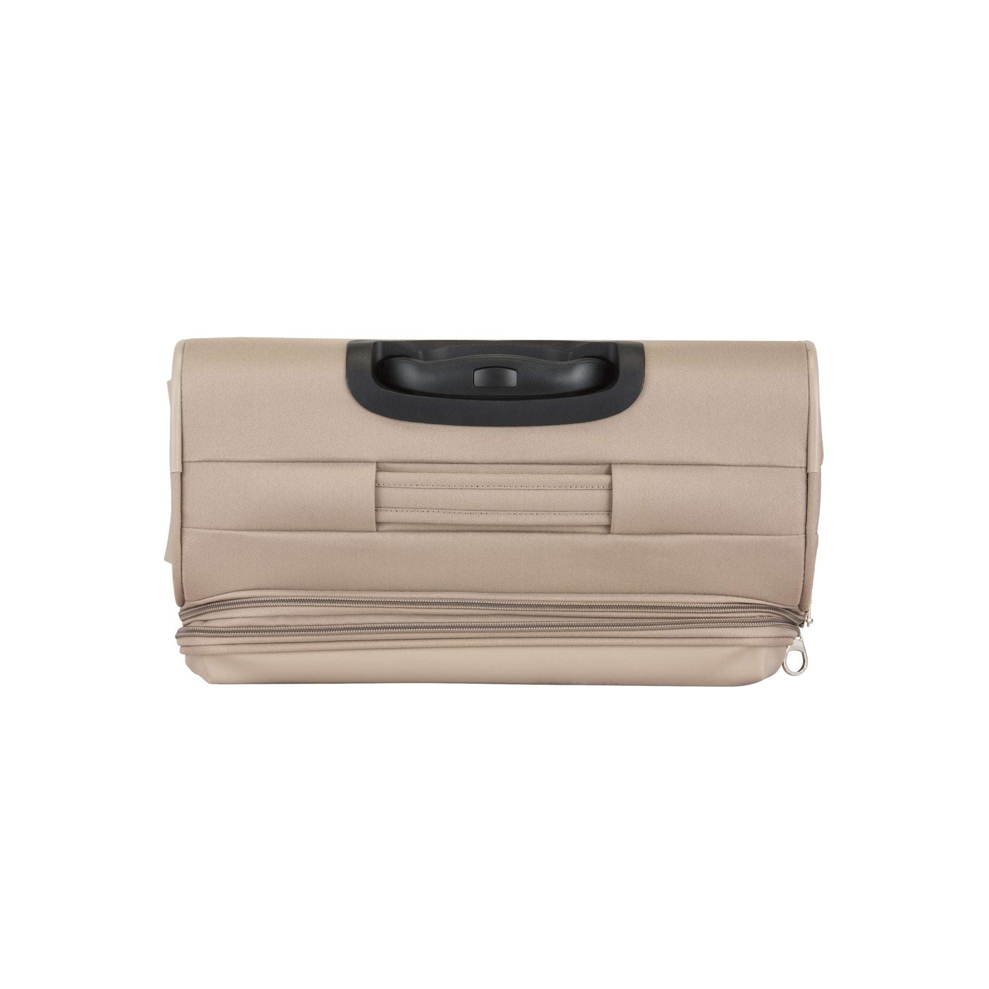 Beige suitcase with black handle on a white background