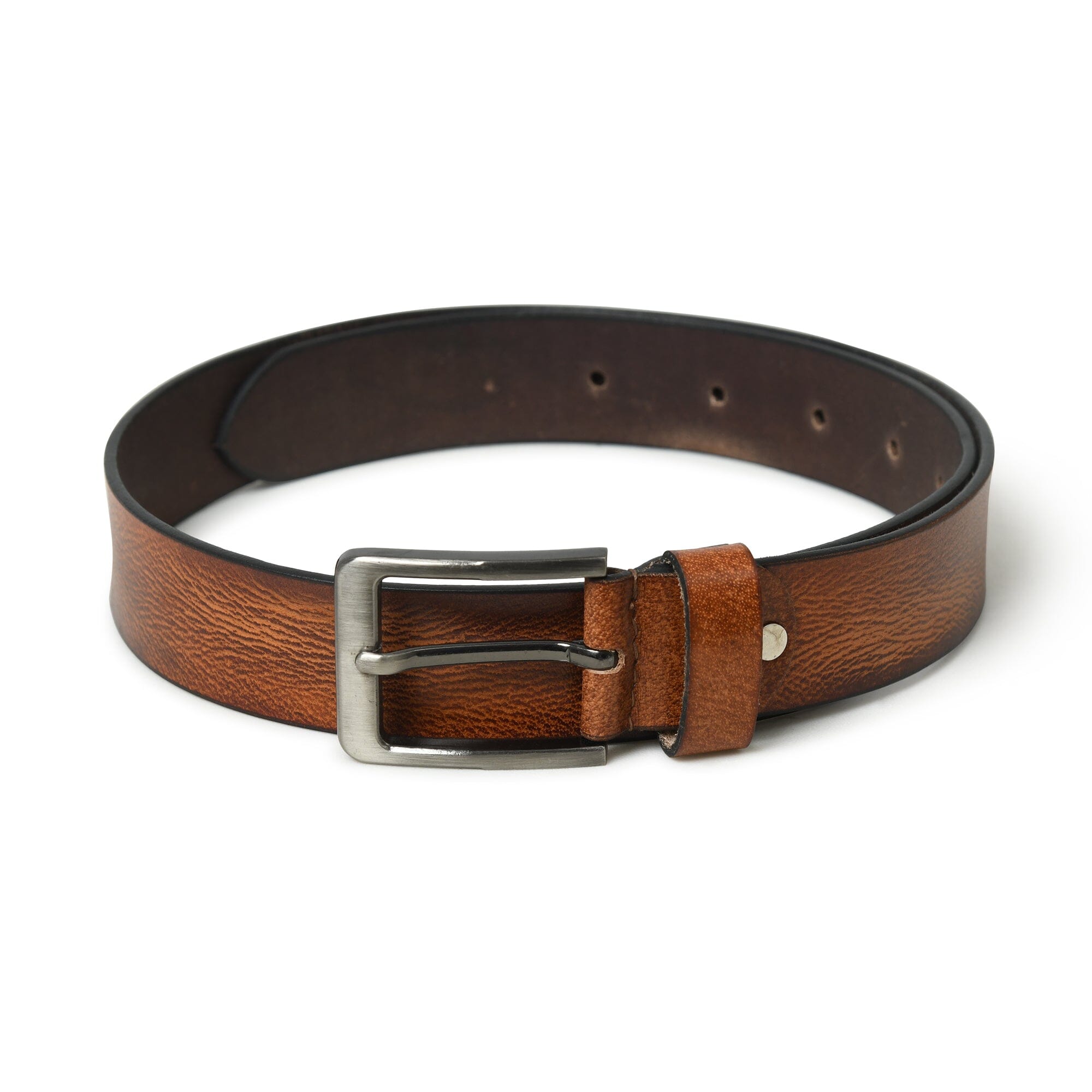 Brown leather belt with a silver buckle on a white background
