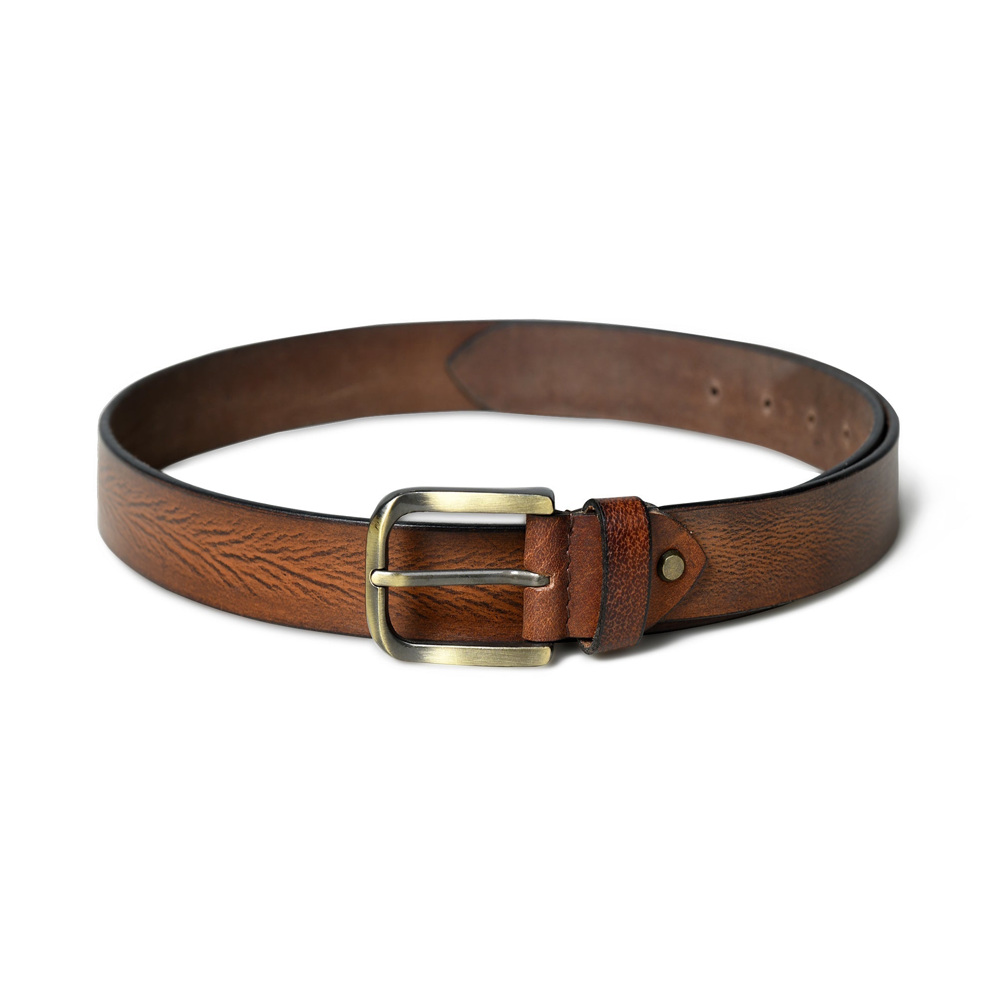 Brown leather belt with a brass buckle on a white background