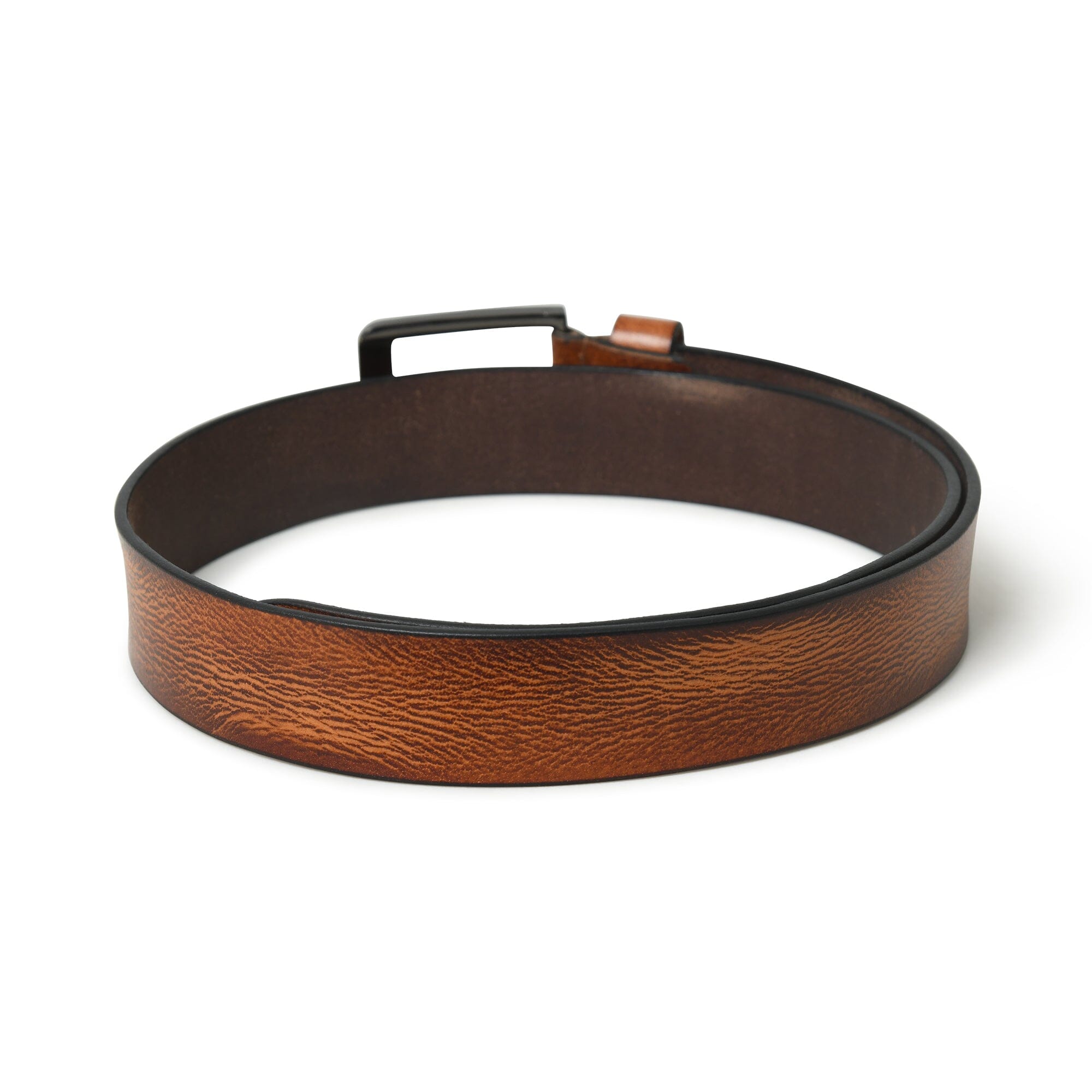 Brown leather belt with a black buckle on a white background