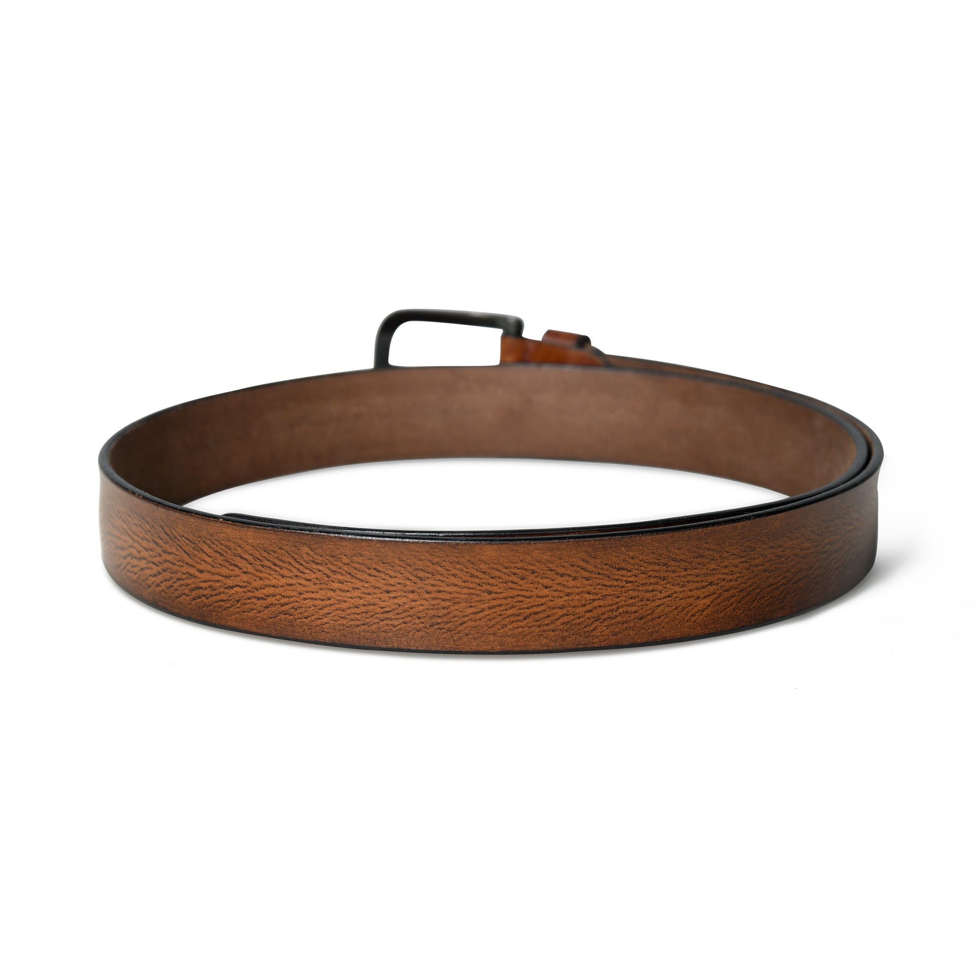 Brown leather belt with a black buckle on a white background