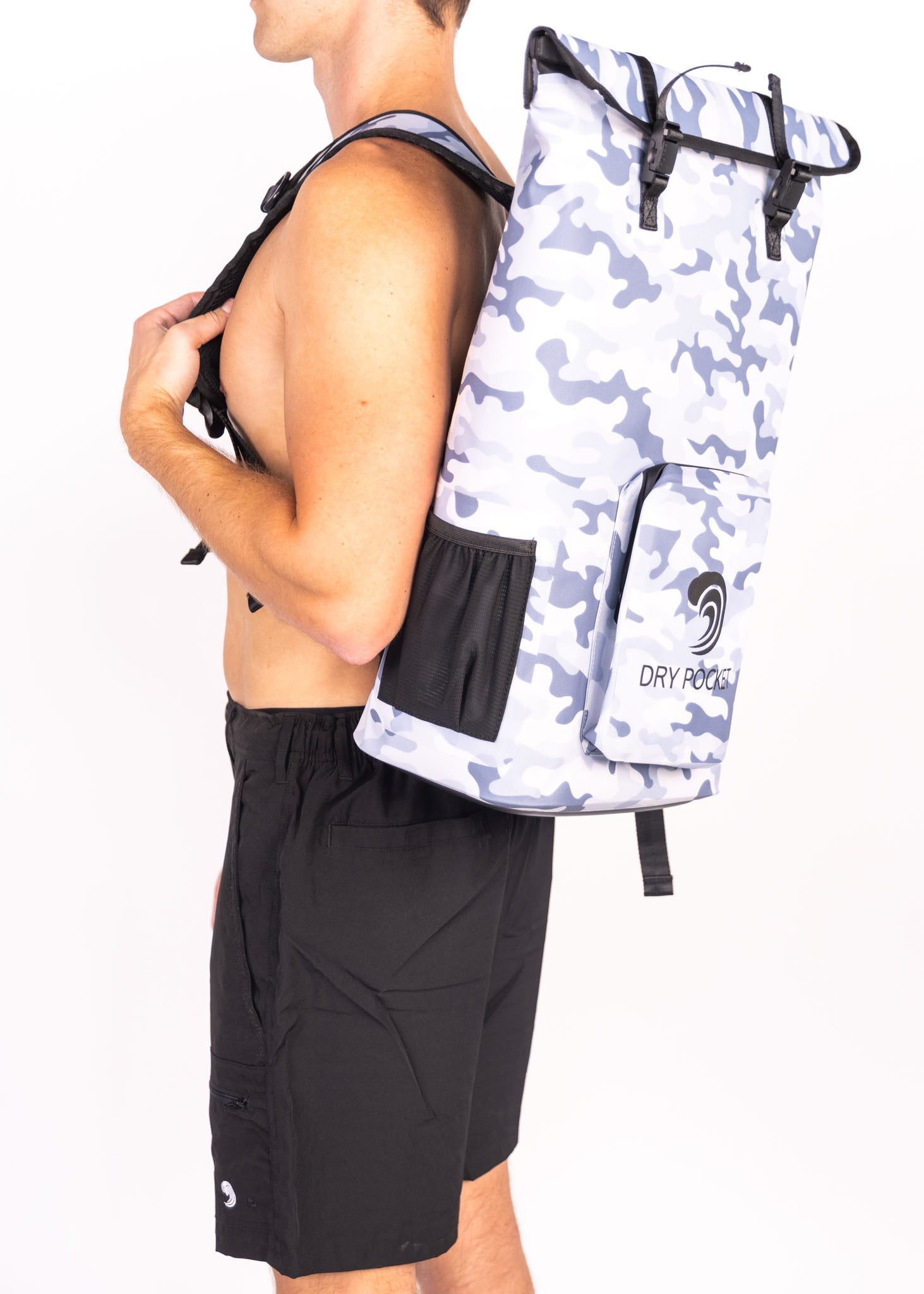 Person wearing a white camouflage backpack with black accents on a white background