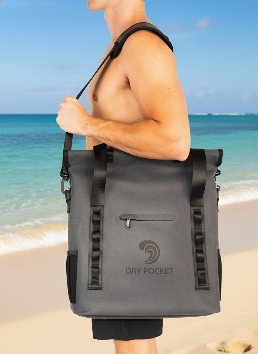 Person carrying a gray Dry Pocket bag on a white background