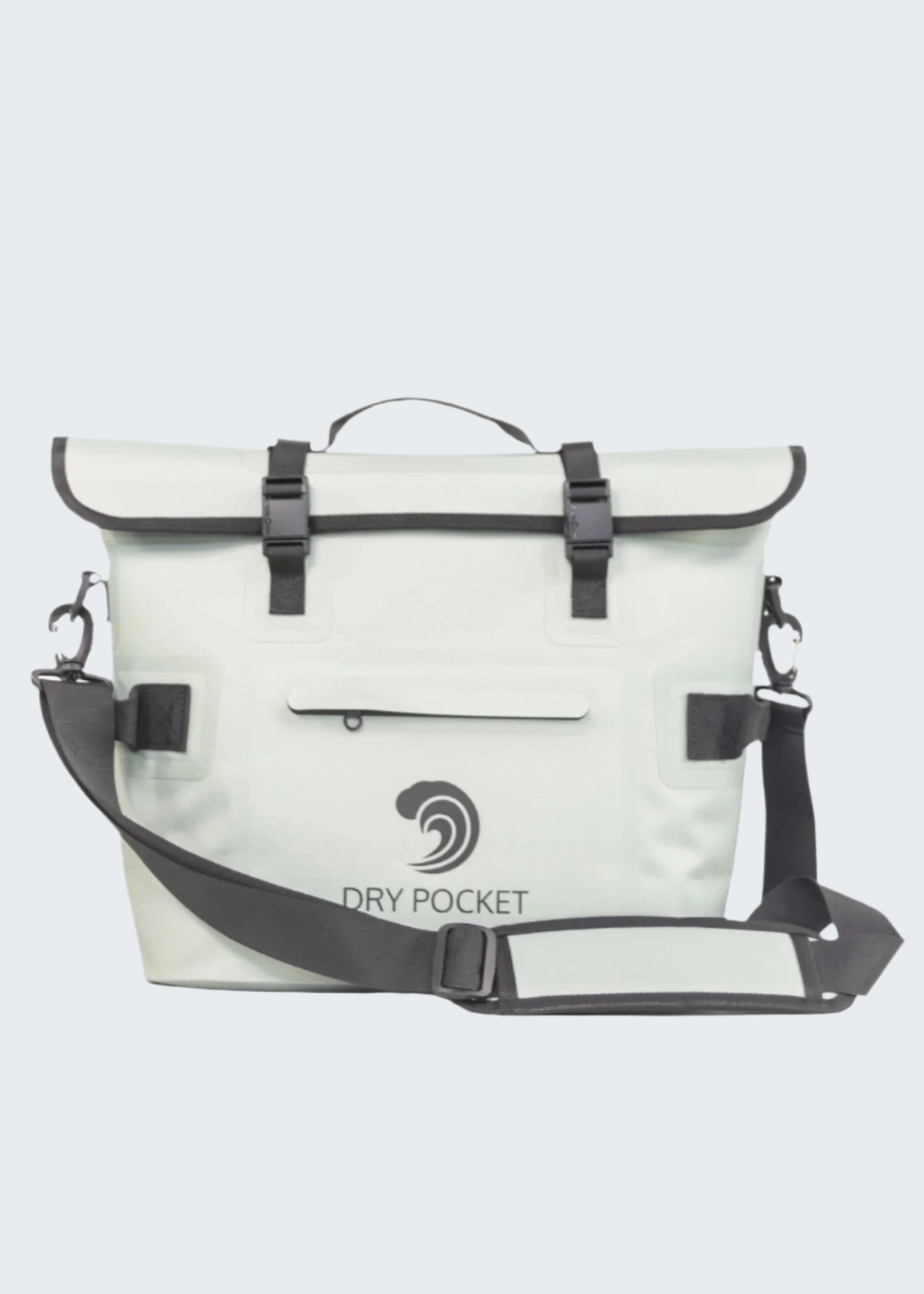 White bag with black straps and 'Dry Pocket' logo on a white background