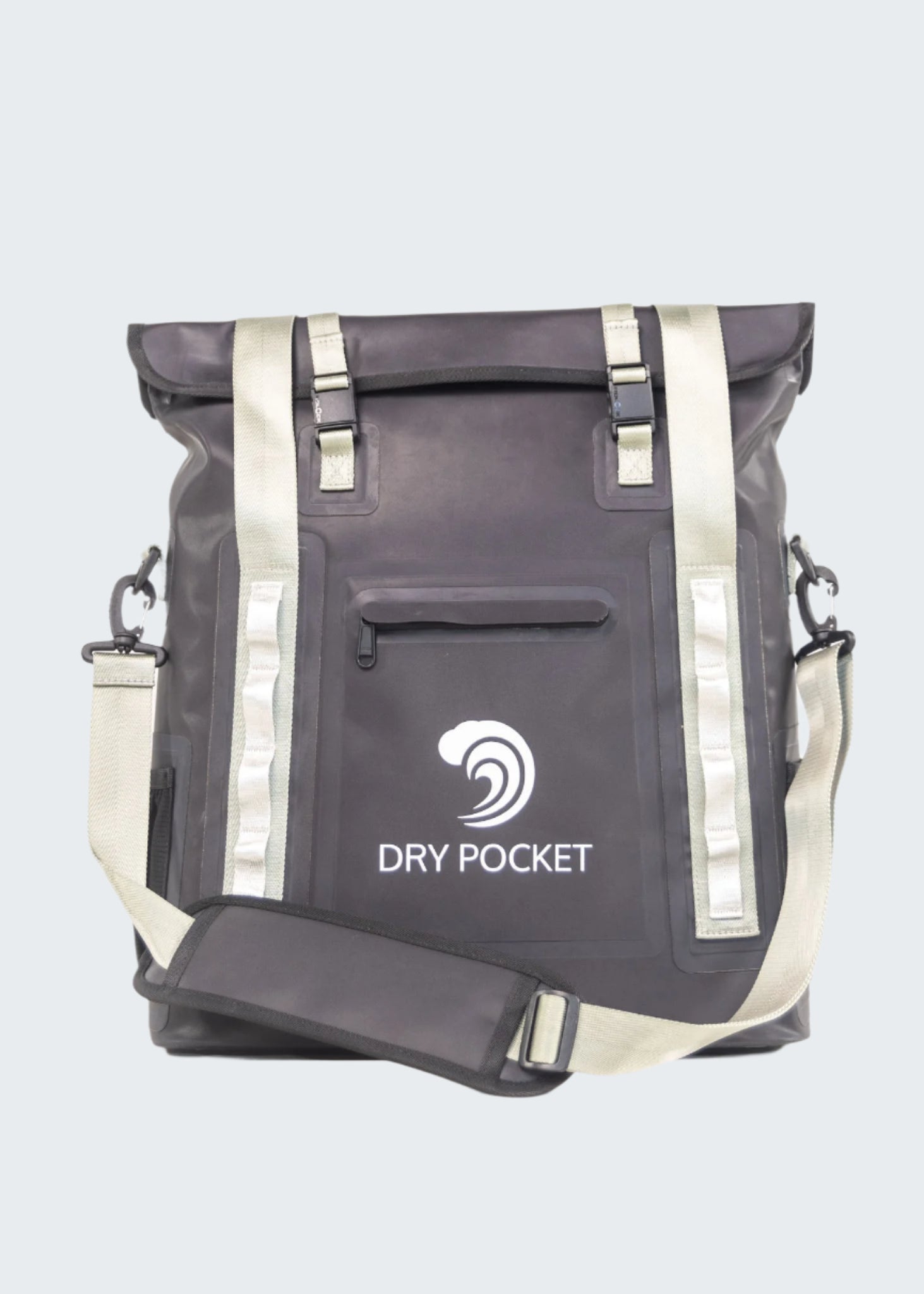 Gray backpack with reflective straps and 'Dry Pocket' logo on a white background