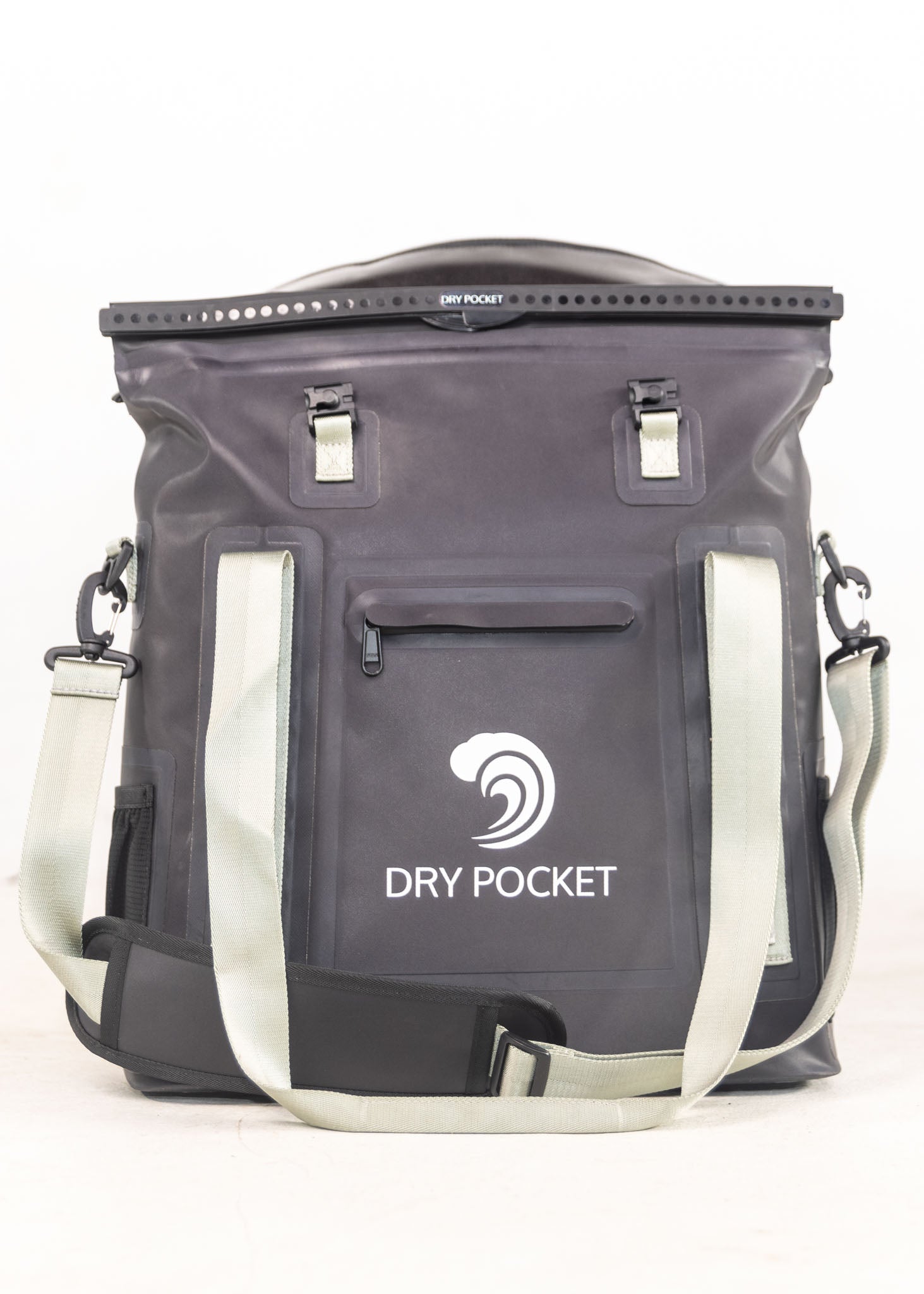 Gray waterproof bag with 'Dry Pocket' logo on a white background