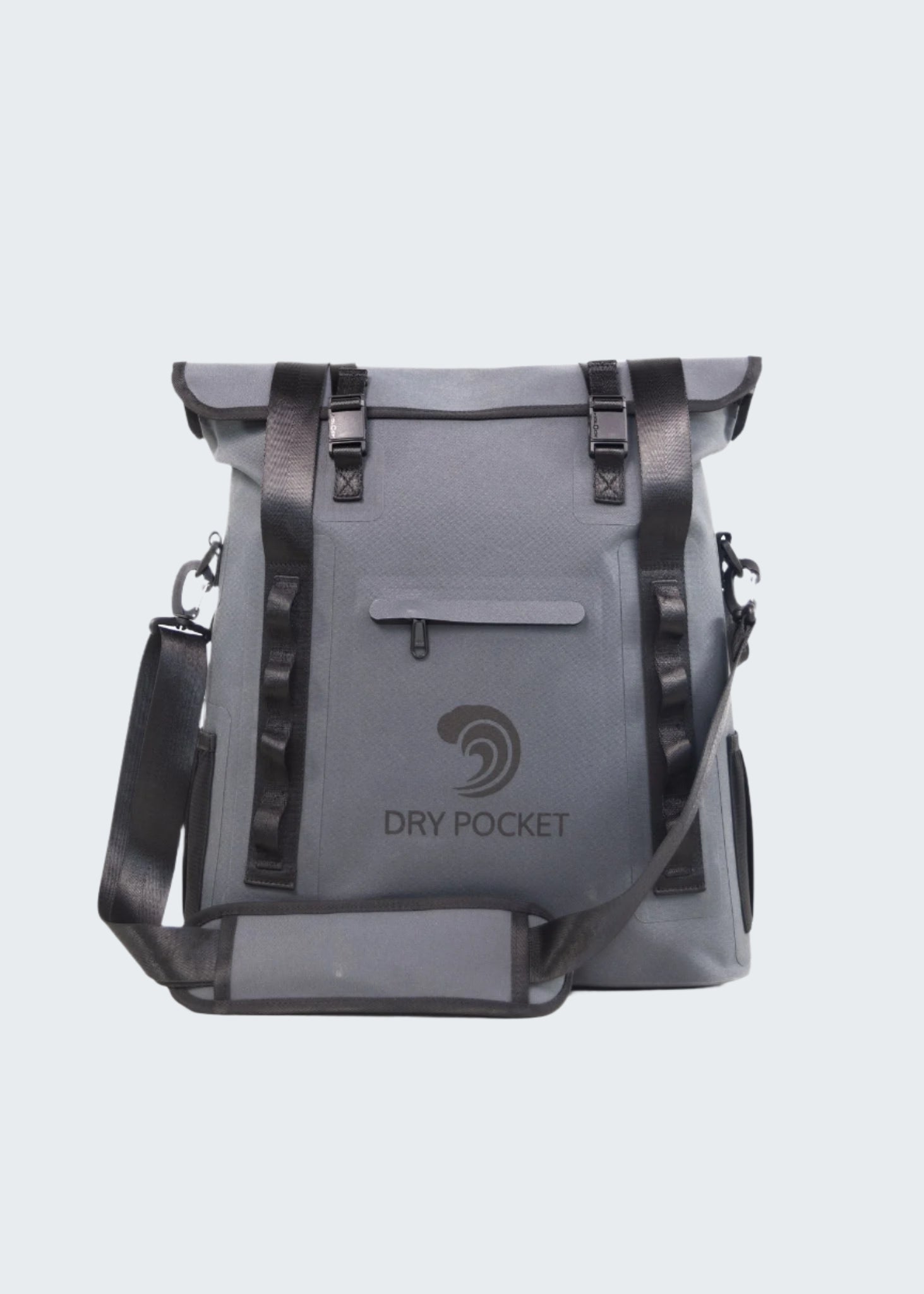 Gray backpack with black accents and 'Dry Pocket' branding on a white background