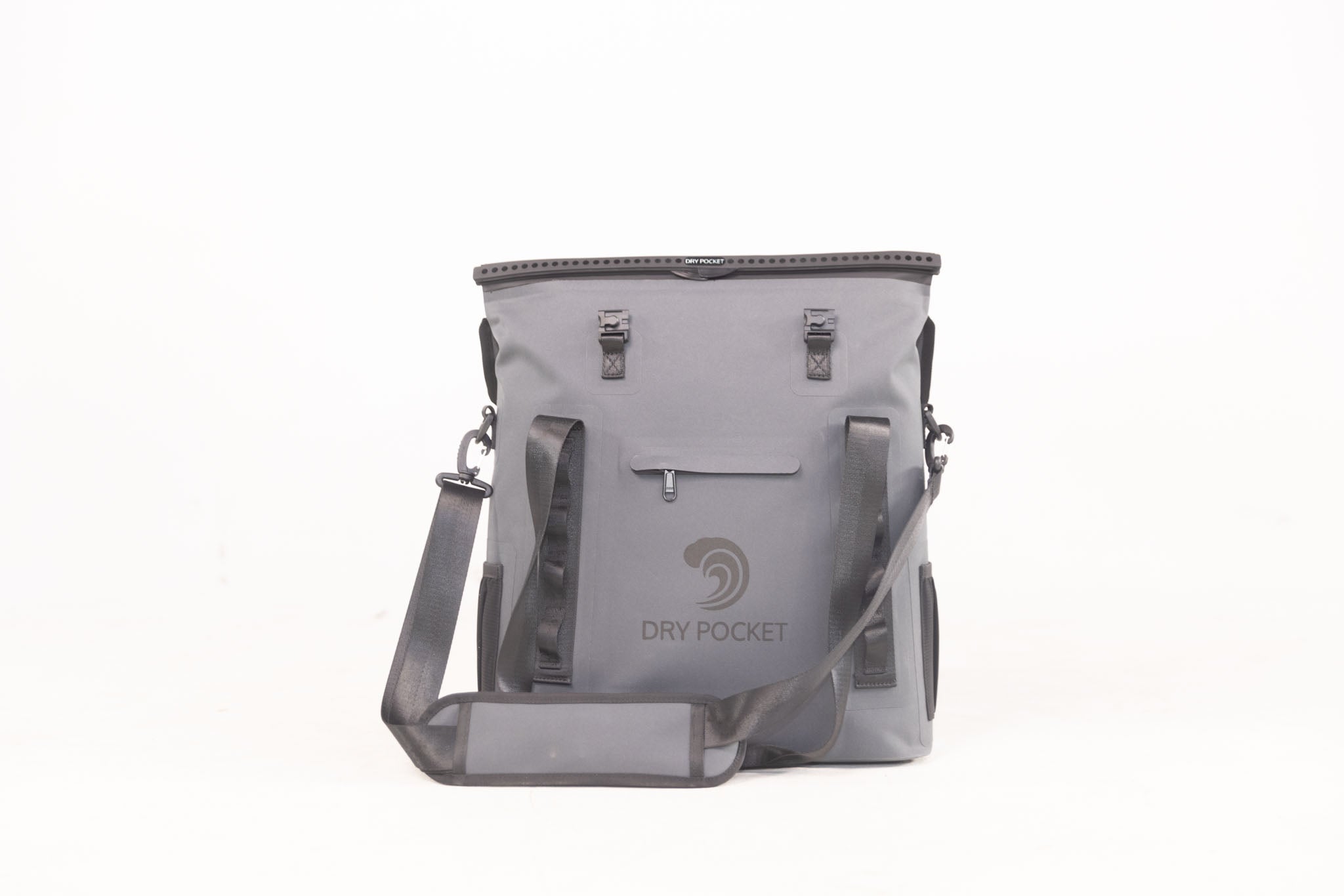 Gray shoulder bag with 'Dry Pocket' logo on a white background